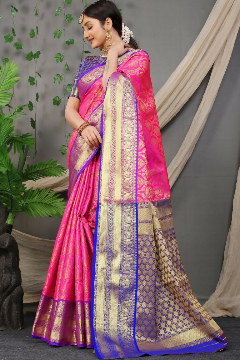 Pink Kanjivaram Silk Saree with Contrasting Blue Blouse