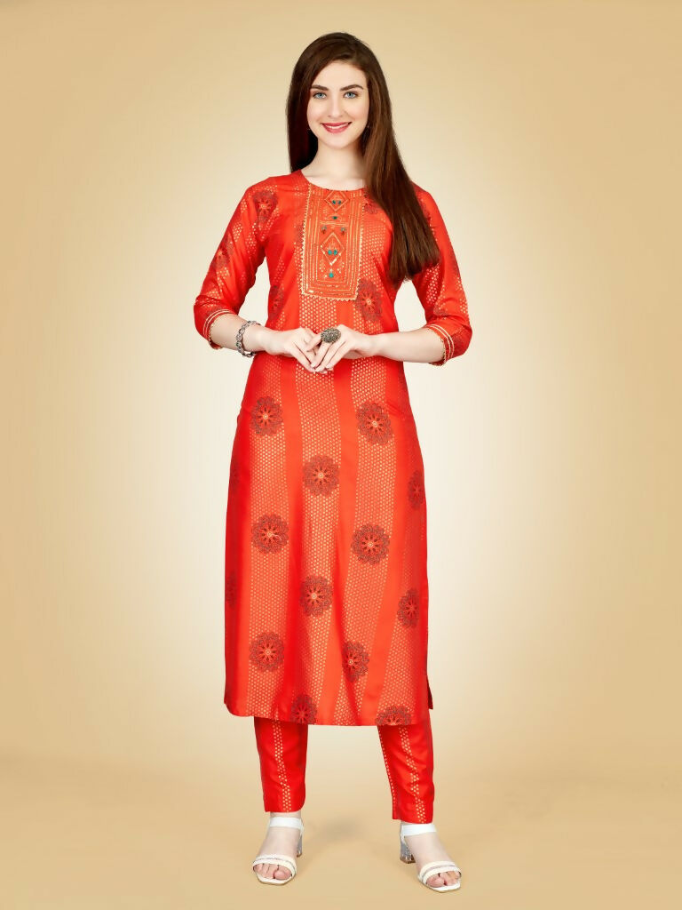 Women's Orange Viscose Rayon Embroidered Kurta Pant Set