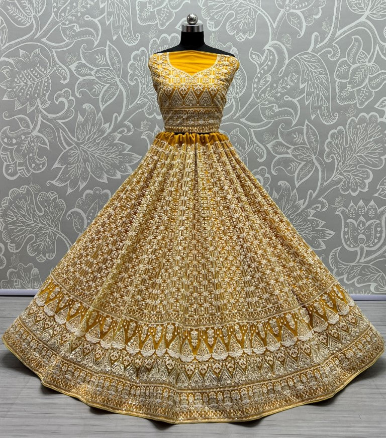 Yellow Bridal Net Lehenga Choli with Sequins and Multi Thread Work