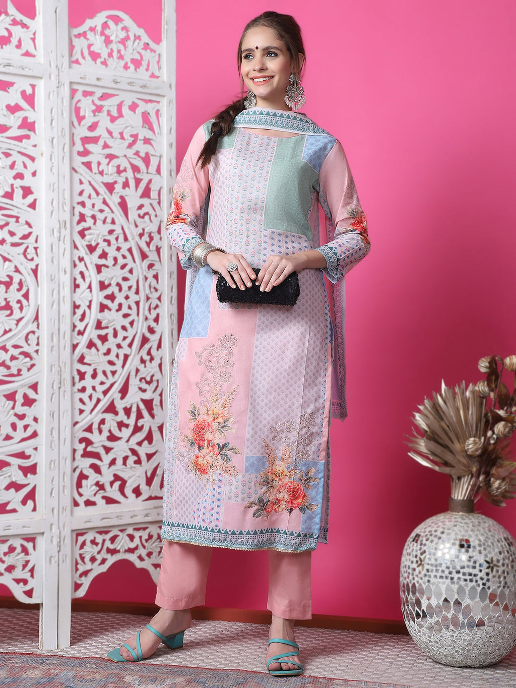 Multicolor Cotton Geometric Print Kurta Set with Jari & Crystal