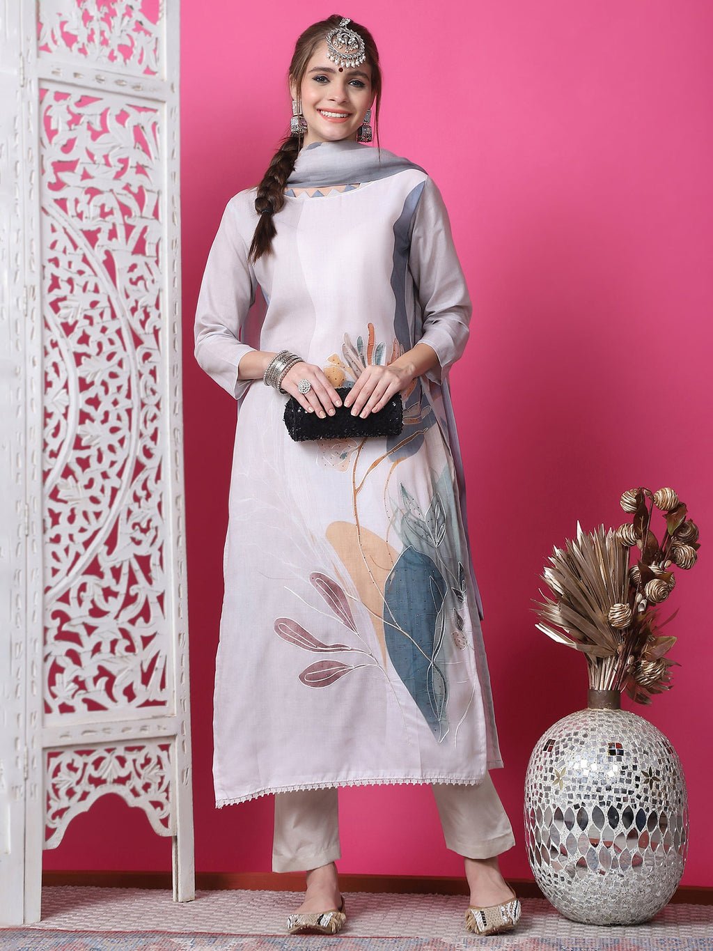 Beige Cotton Geometric Digital Print Kurta Set with Jari & Crystal