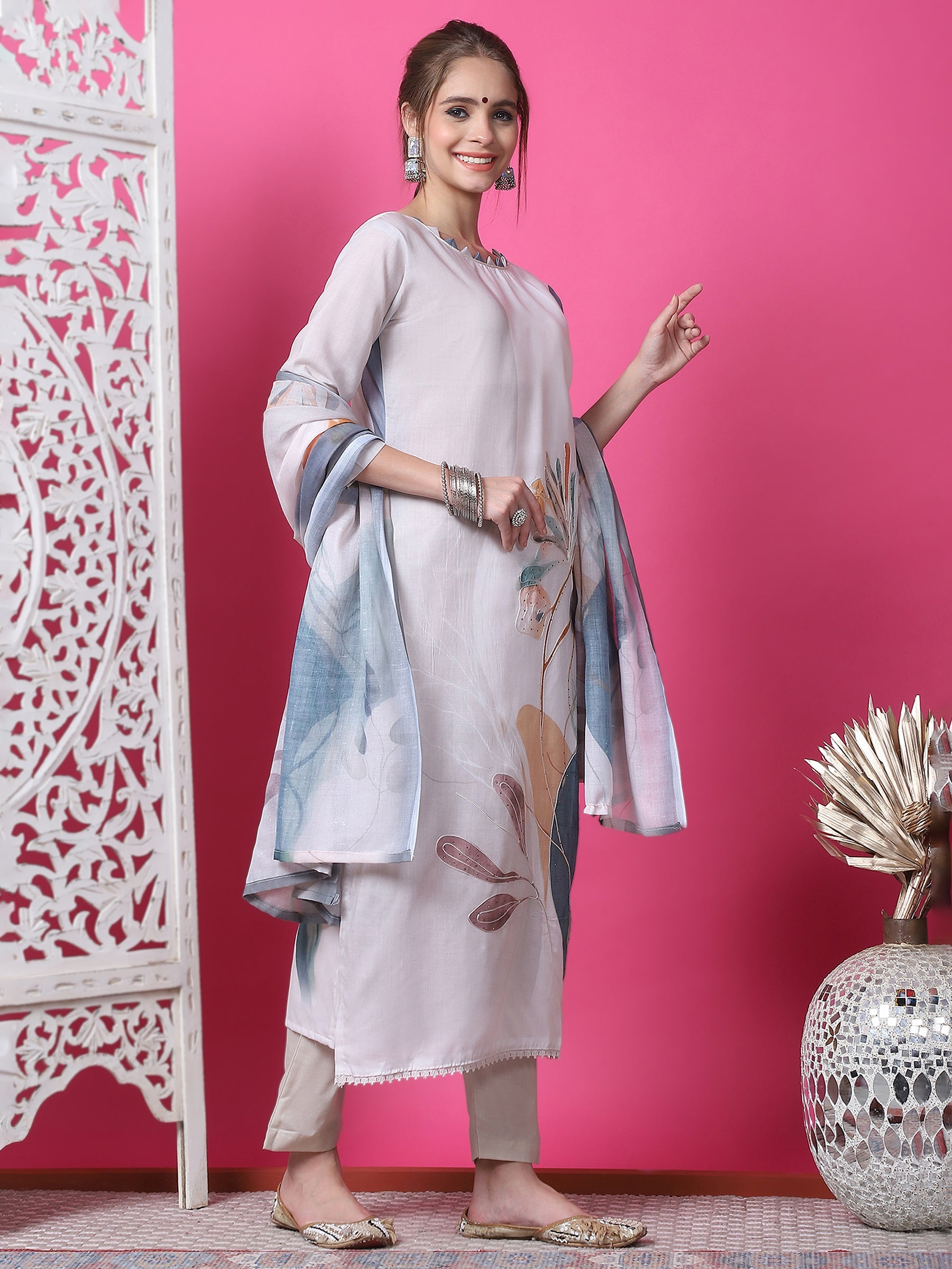 Beige Cotton Geometric Digital Print Kurta Set with Jari & Crystal