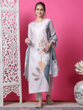 Beige cotton straight kurta with geometric digital print, zari, and crystal accents