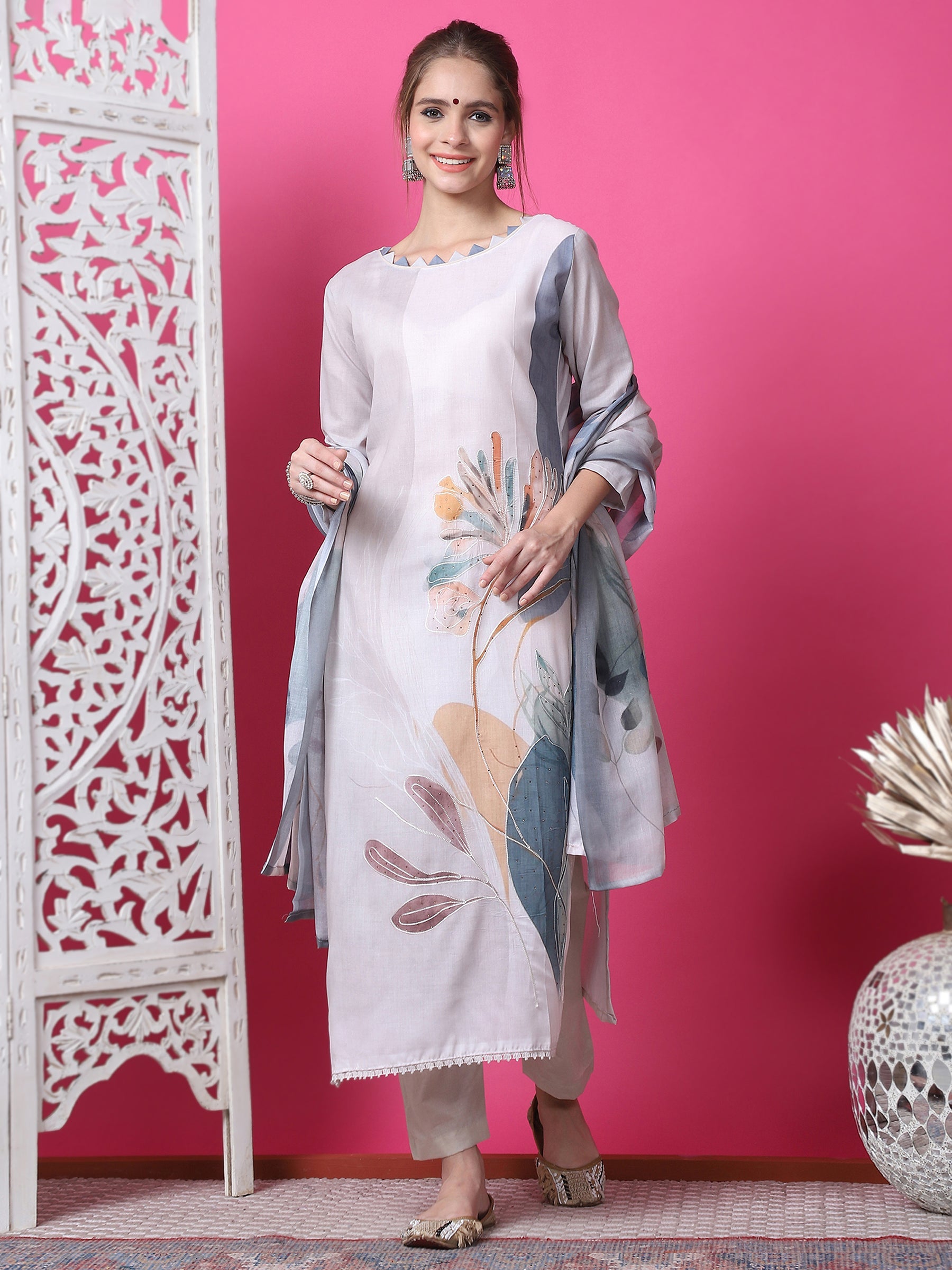 Beige cotton straight kurta with geometric digital print, zari, and crystal accents