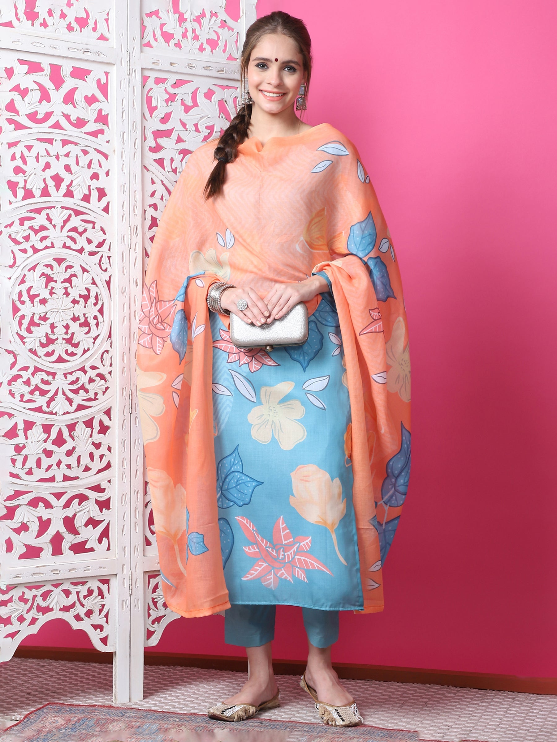 Sky Blue Geometric Print Cotton Kurta Set with Jari and Crystals