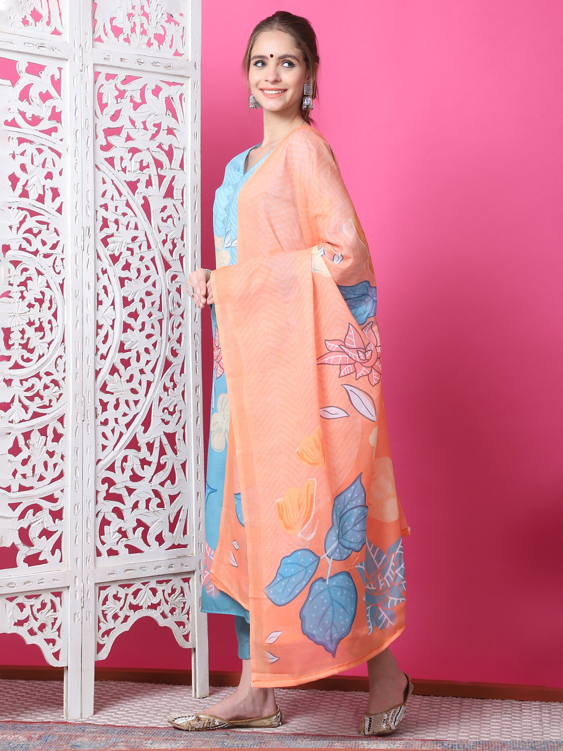 Sky Blue Geometric Print Cotton Kurta Set with Jari and Crystals