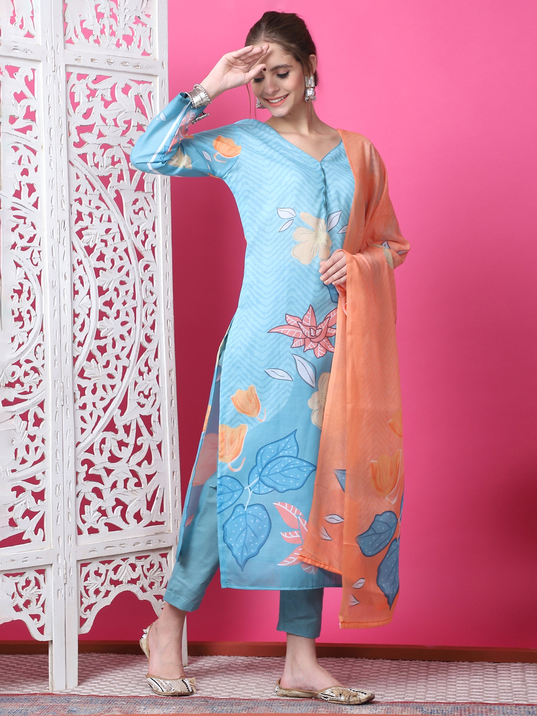 Sky Blue Geometric Print Cotton Kurta Set with Jari and Crystals
