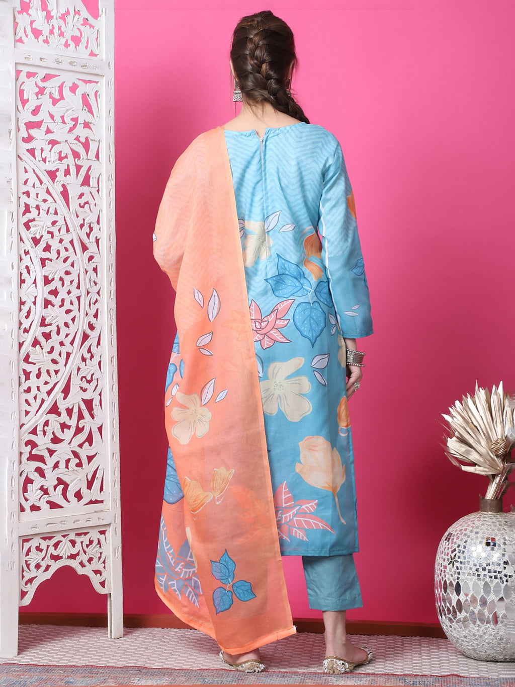 Sky Blue Geometric Print Cotton Kurta Set with Jari and Crystals