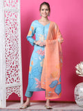 Women's sky blue cotton straight kurta with geometric print and crystal embellishments