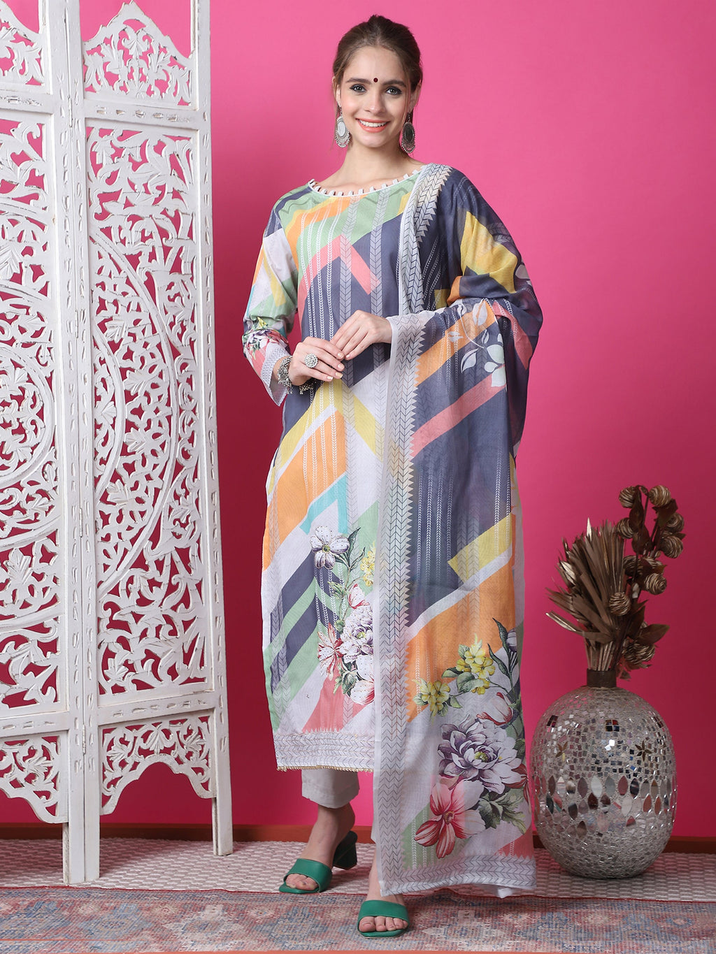 Grey, yellow, white, and green geometric print cotton kurta set with crystal and jari embellishments