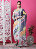 Grey, yellow, white, and green geometric print cotton kurta set with crystal and jari embellishments