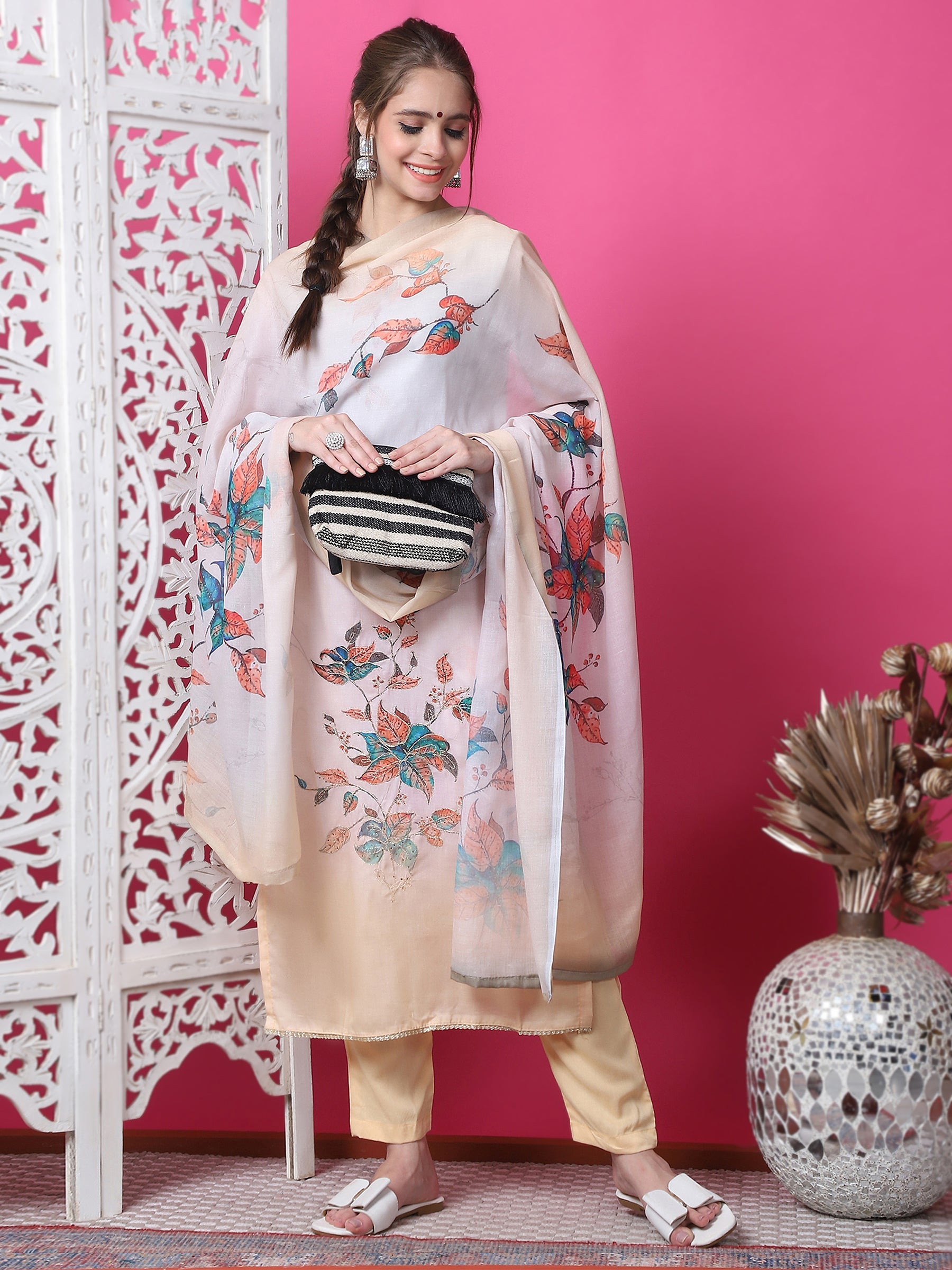 Multicolor Cotton Geometric Print Kurta with Trouser and Dupatta