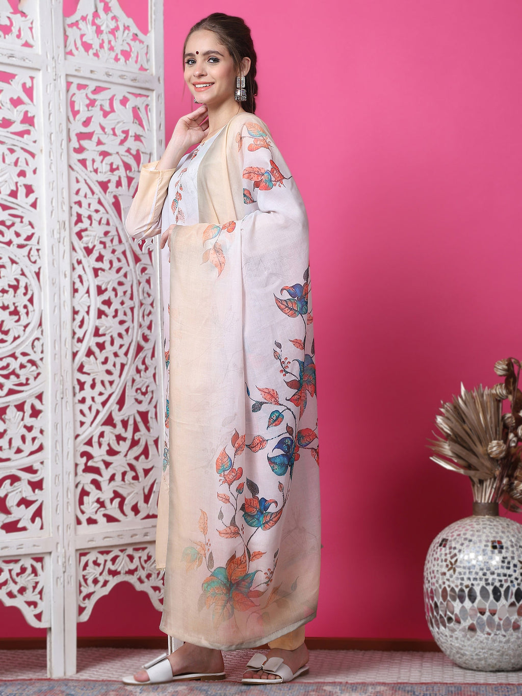 Multicolor Cotton Geometric Print Kurta with Trouser and Dupatta