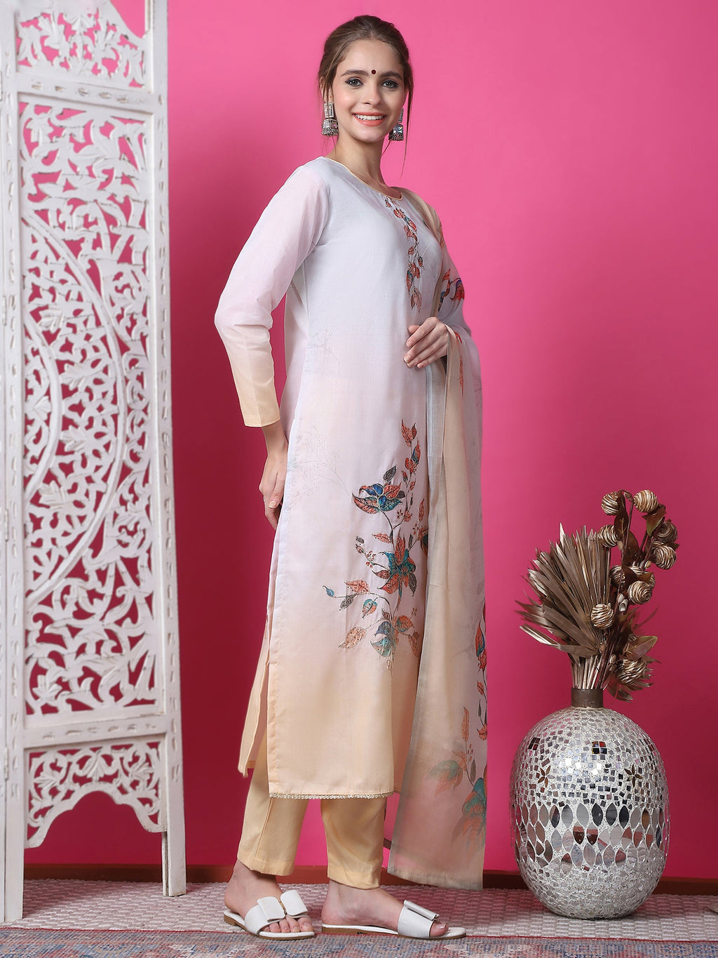 Multicolor Cotton Geometric Print Kurta with Trouser and Dupatta