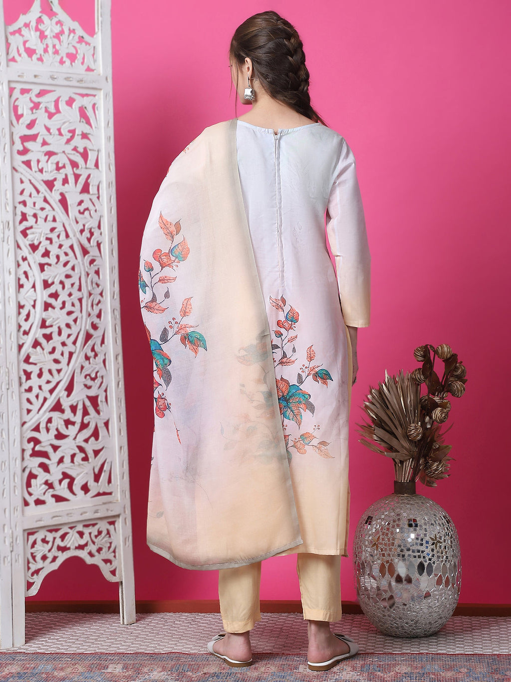 Multicolor Cotton Geometric Print Kurta with Trouser and Dupatta