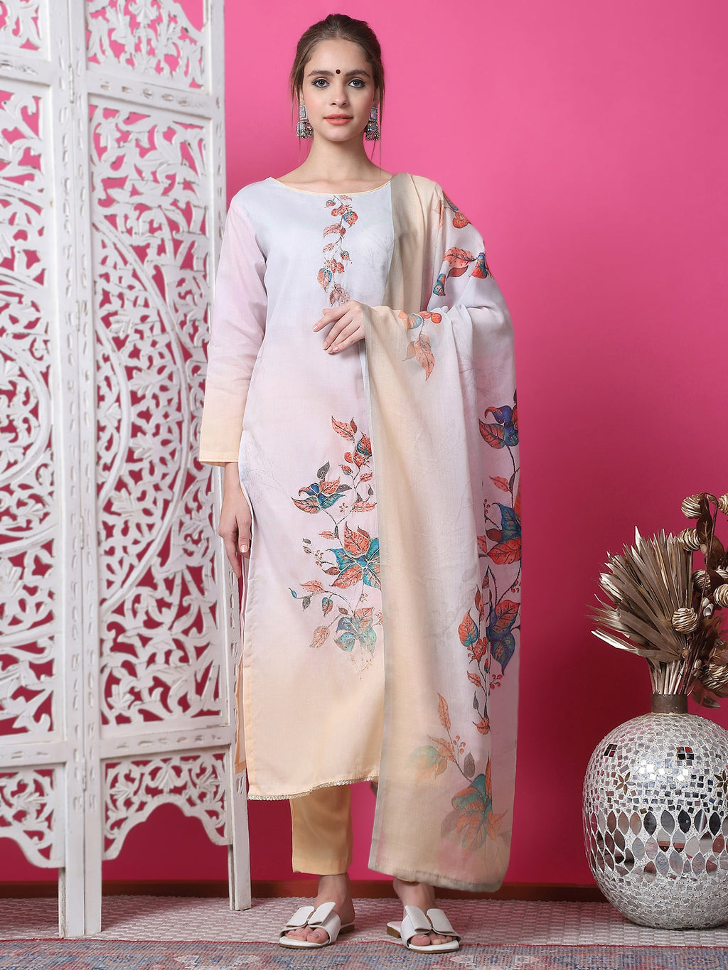 Multicolor cotton straight-cut kurta with geometric digital print, jari and crystal work, including trousers and dupatta.