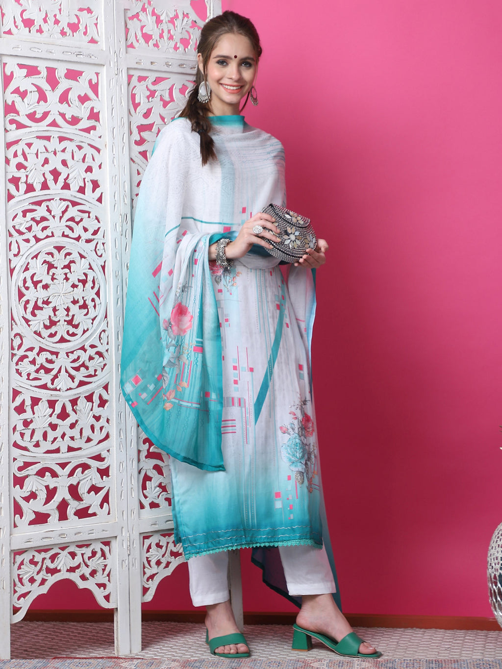 Geometric Print Cotton Kurta Set with Jari and Crystal Details