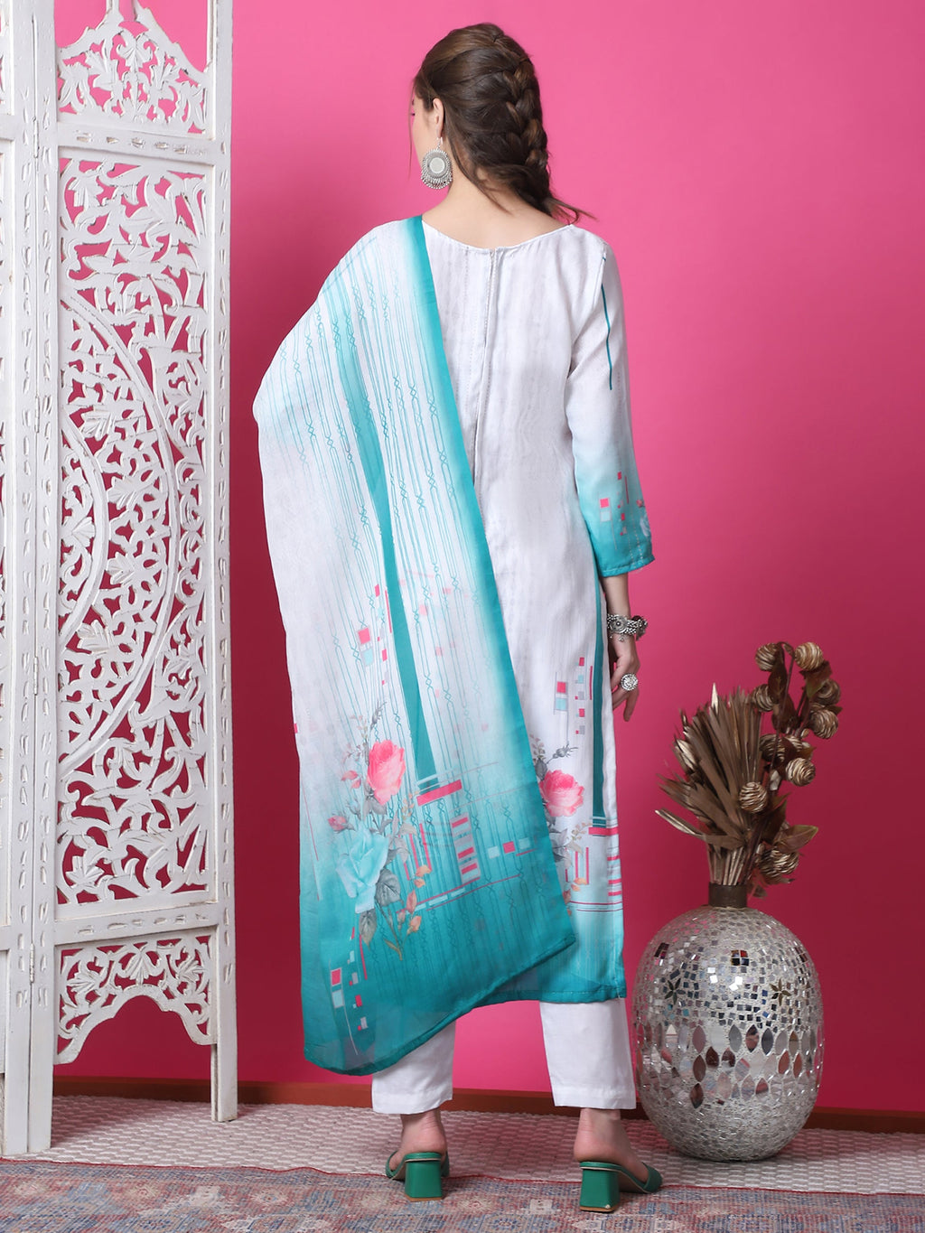 Geometric Print Cotton Kurta Set with Jari and Crystal Details
