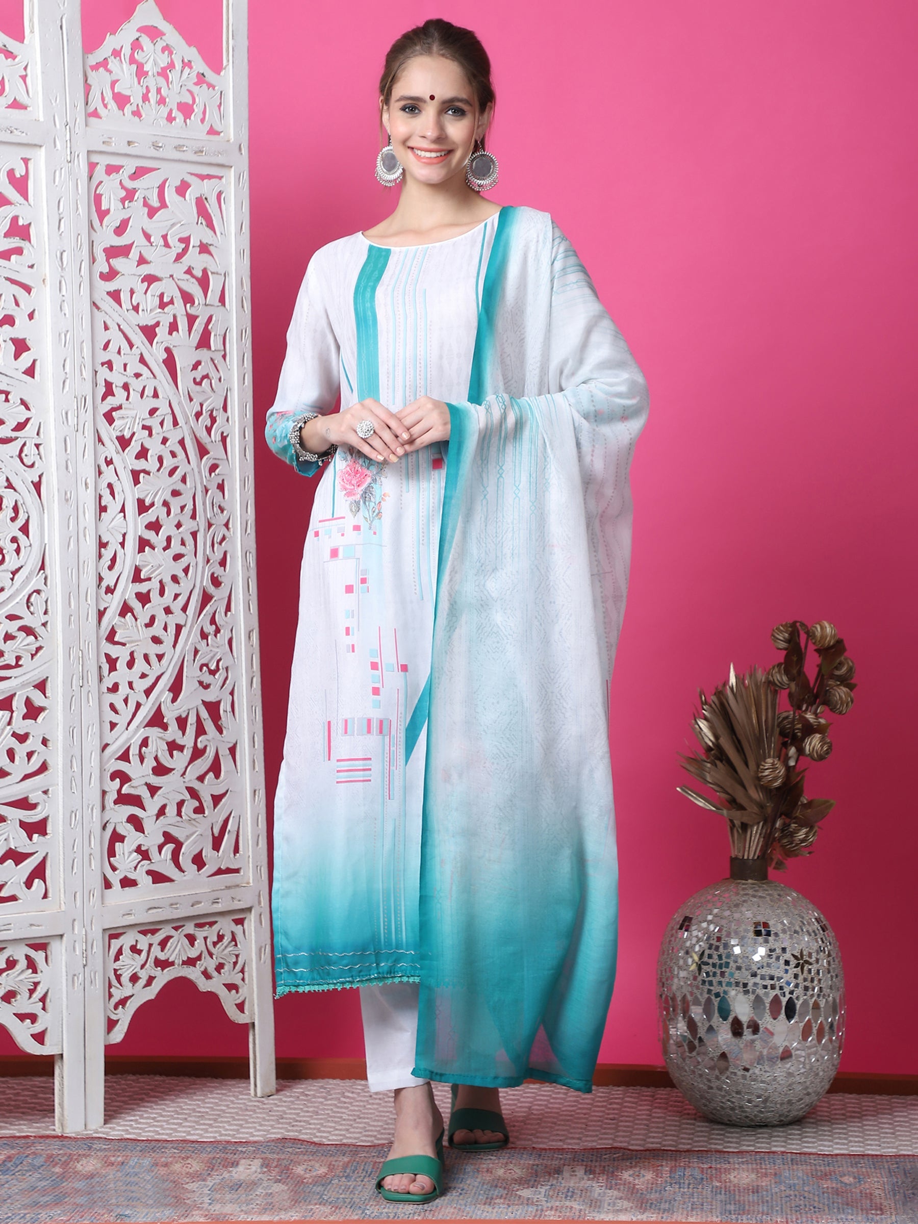 Women's white, teal, and pink geometric print cotton kurta set with jari and crystal embroidery