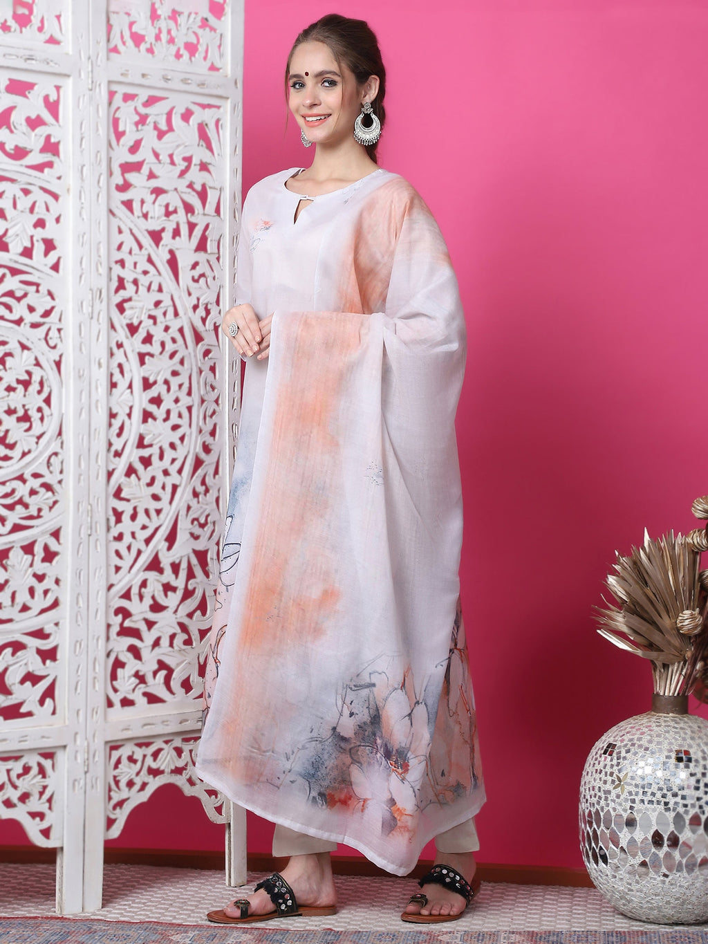 Beige Cotton Geometric Digital Print Kurta Set with Jari & Crystals