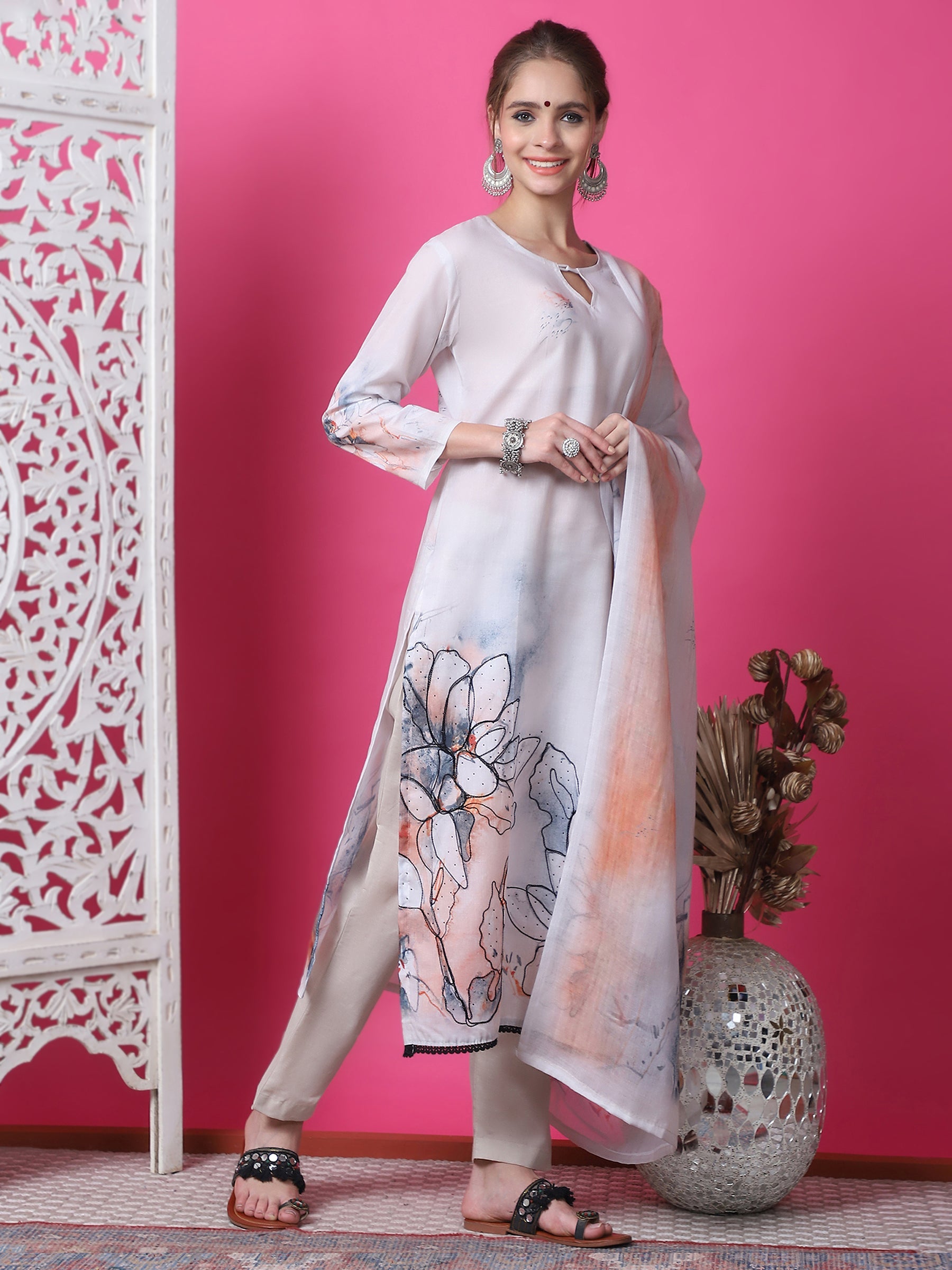 Beige Cotton Geometric Digital Print Kurta Set with Jari & Crystals