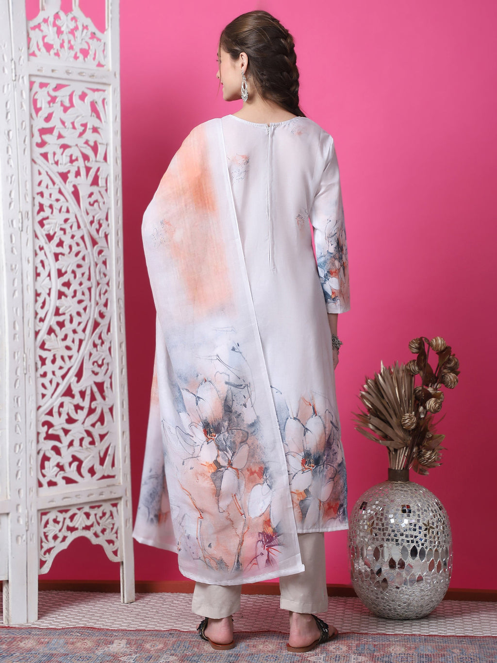 Beige Cotton Geometric Digital Print Kurta Set with Jari & Crystals