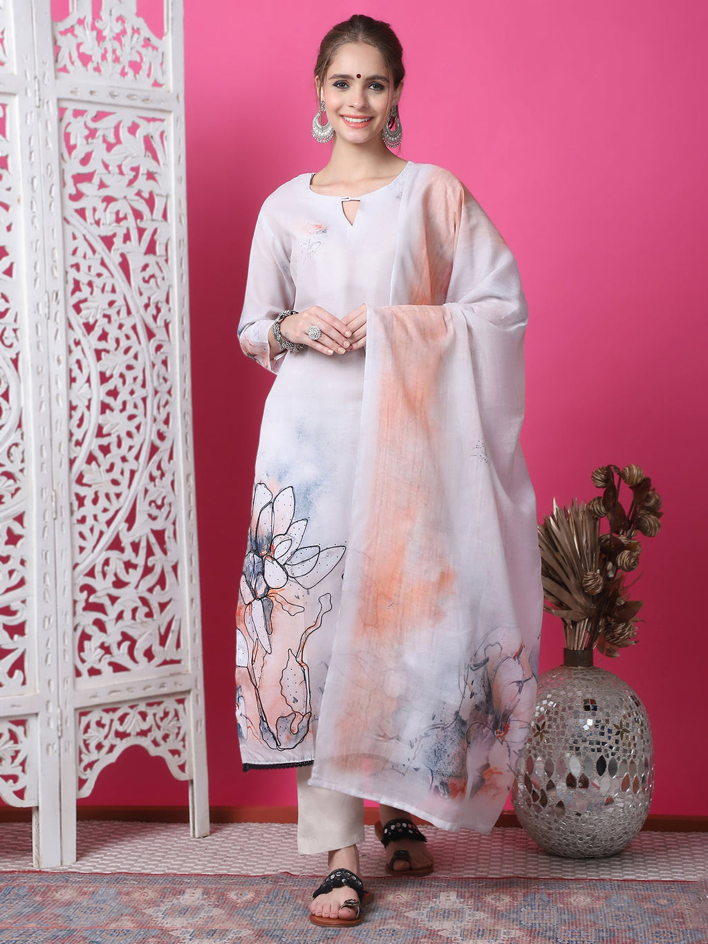Women's beige cotton kurta set with geometric digital print and crystal accents