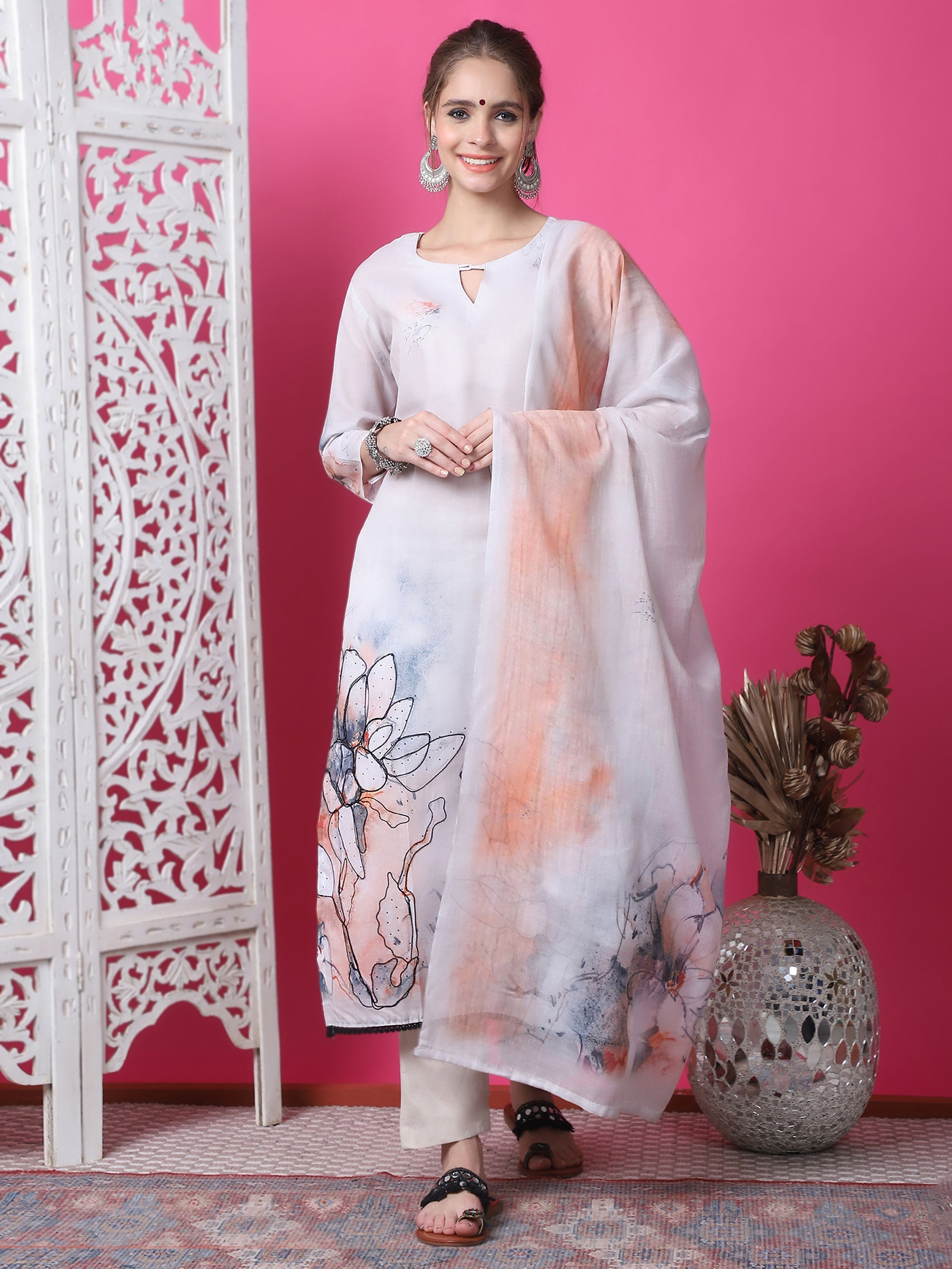 Women's beige cotton kurta set with geometric digital print and crystal accents