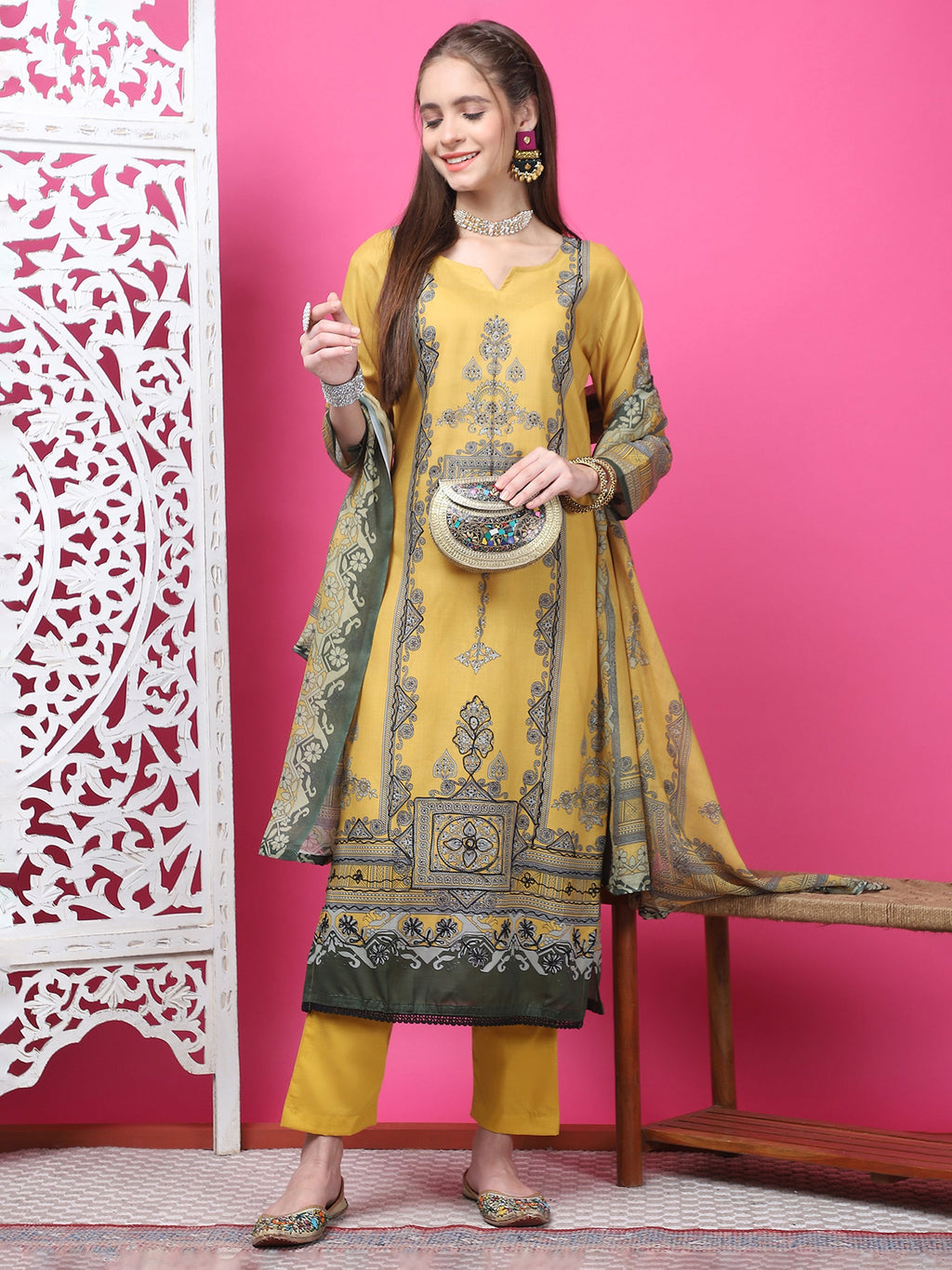Mustard Cotton Geometric Digital Print Kurta Set with Jari & Crystal