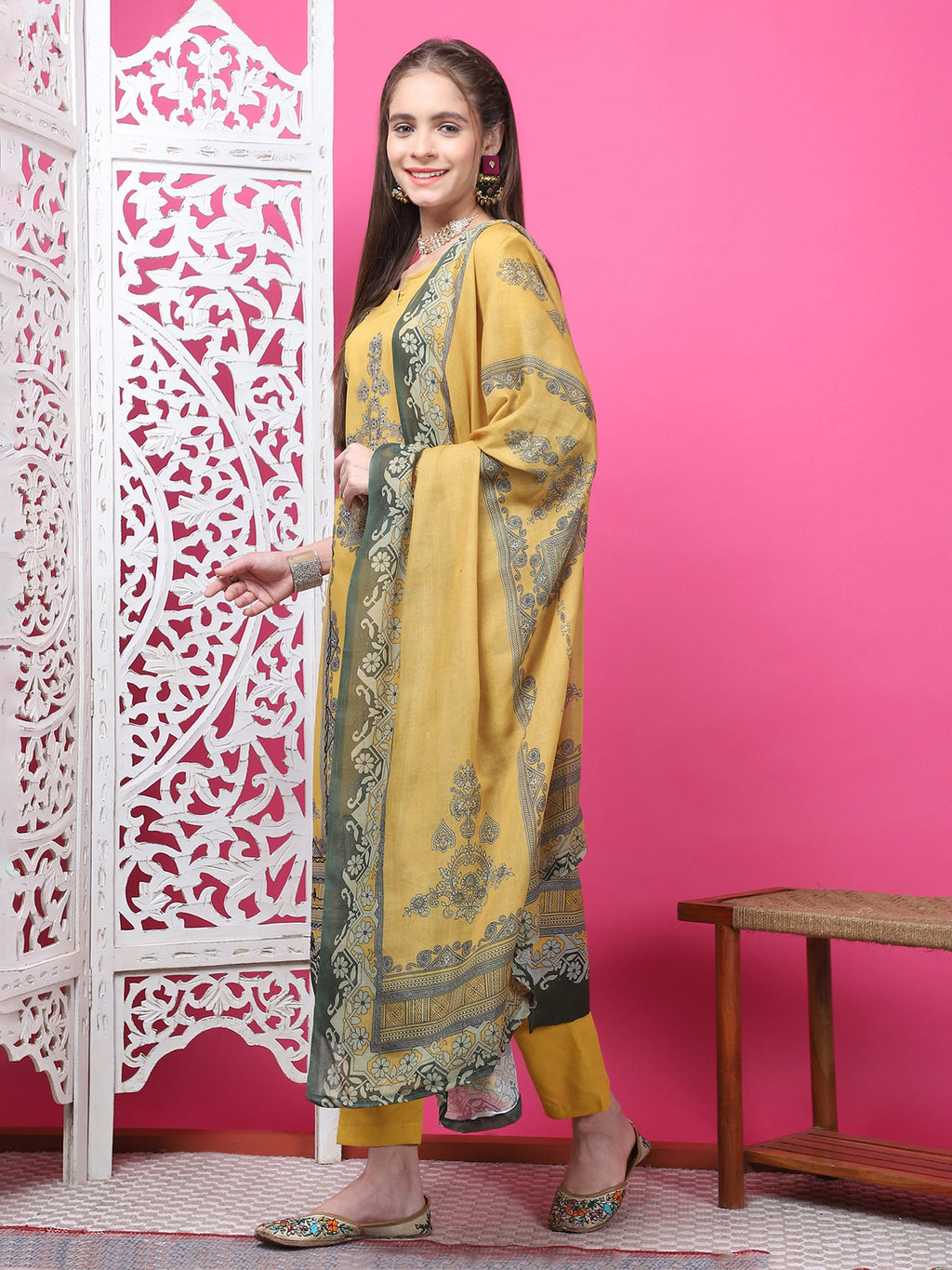 Mustard Cotton Geometric Digital Print Kurta Set with Jari & Crystal