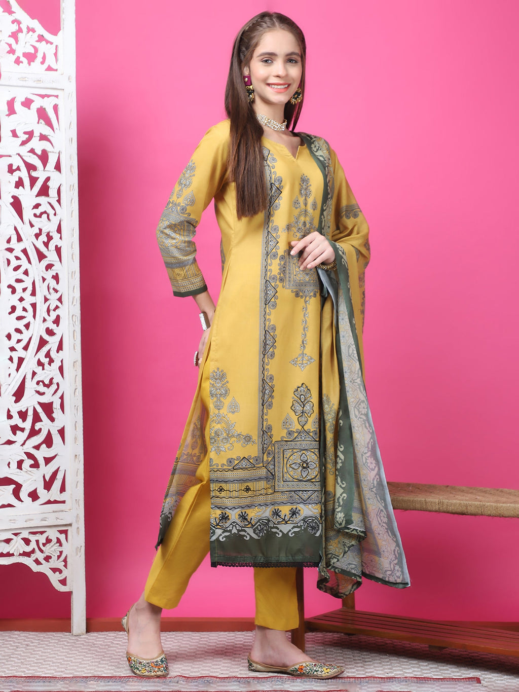 Mustard Cotton Geometric Digital Print Kurta Set with Jari & Crystal