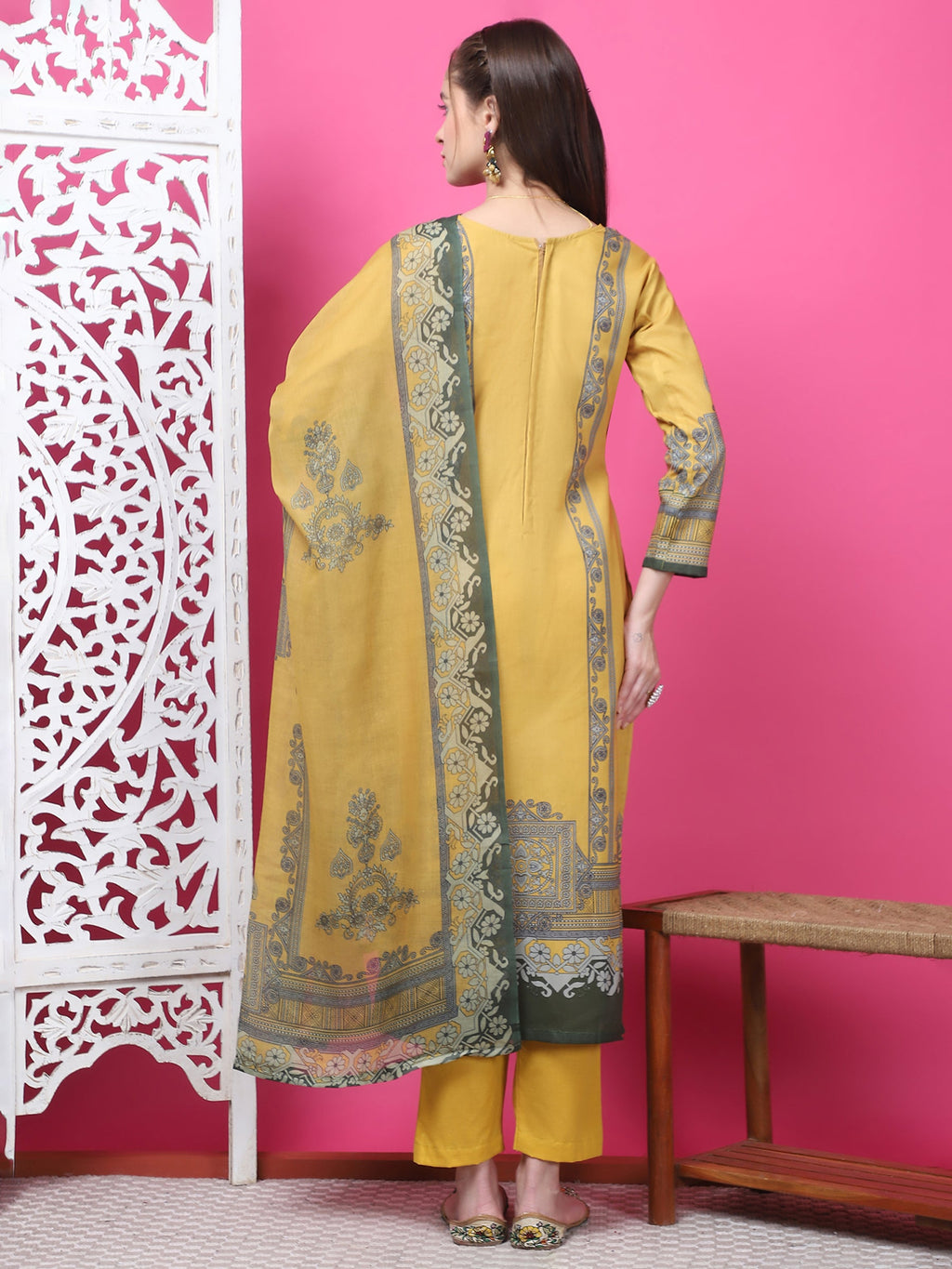 Mustard Cotton Geometric Digital Print Kurta Set with Jari & Crystal