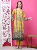 Mustard geometric print cotton kurta with zari and crystal work, paired with trousers and dupatta