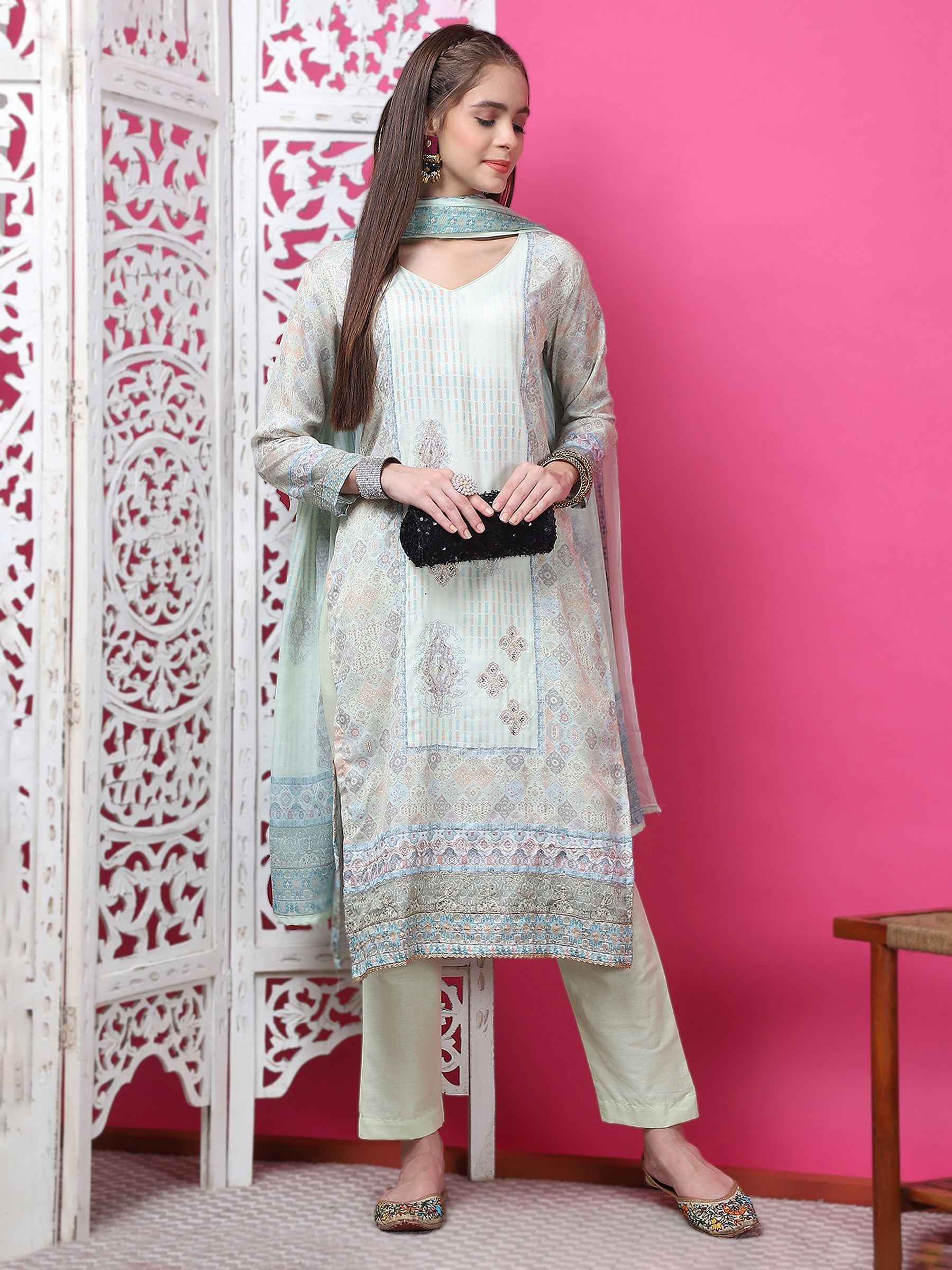 Pista Green Cotton Geometric Print Kurta Set with Jari and Crystal