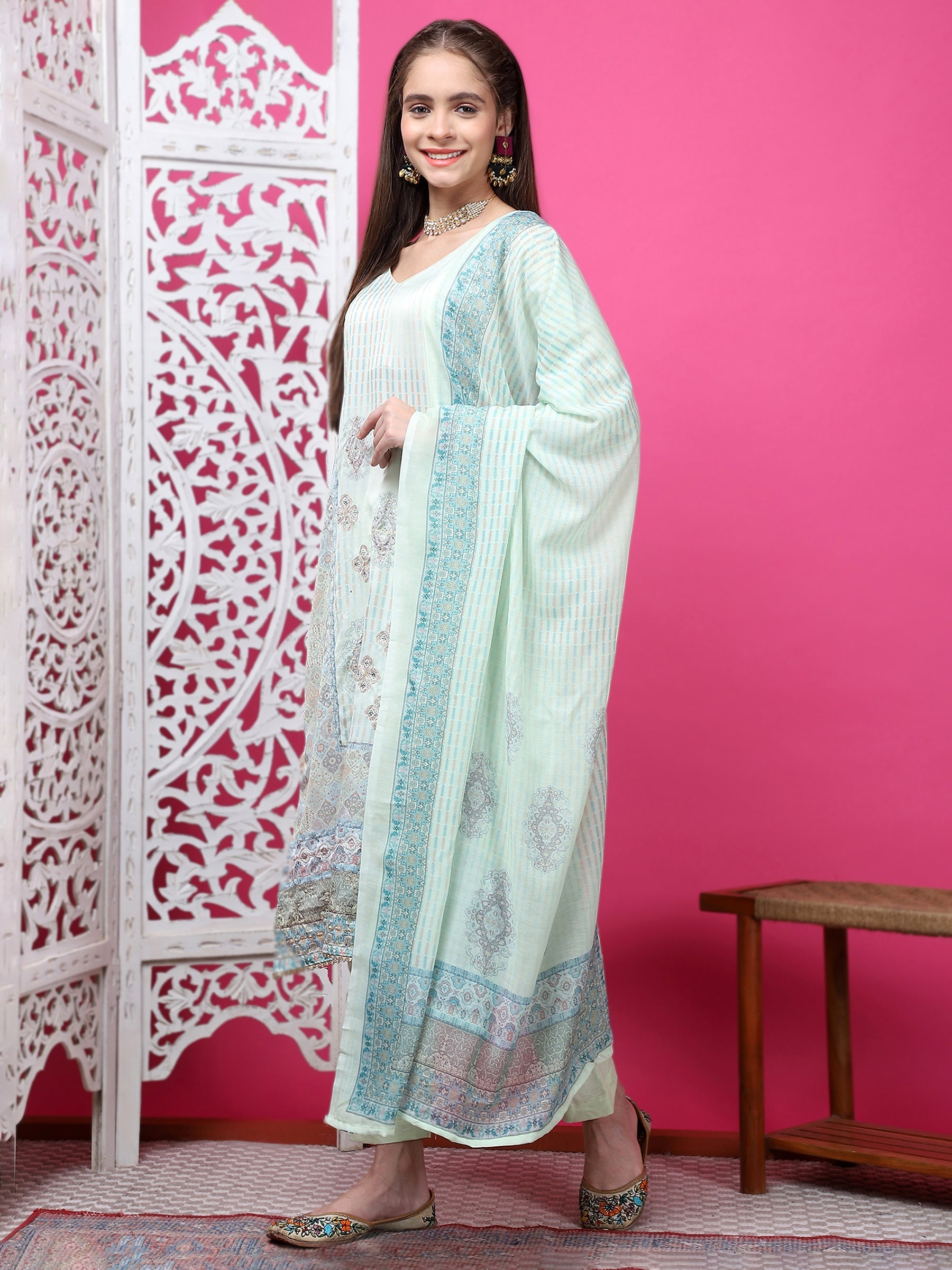 Pista Green Cotton Geometric Print Kurta Set with Jari and Crystal