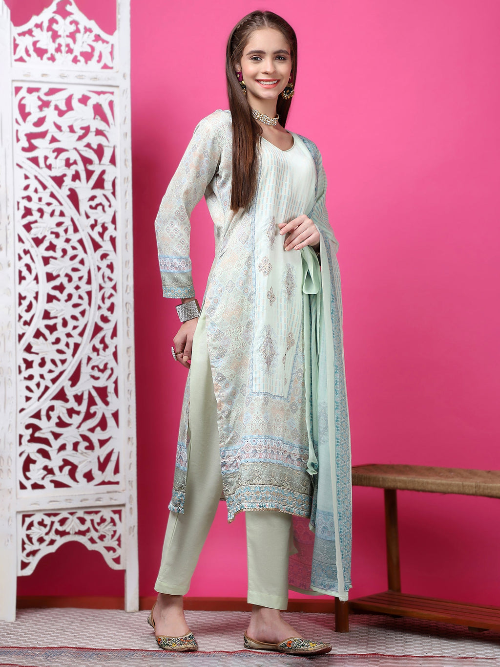Pista Green Cotton Geometric Print Kurta Set with Jari and Crystal