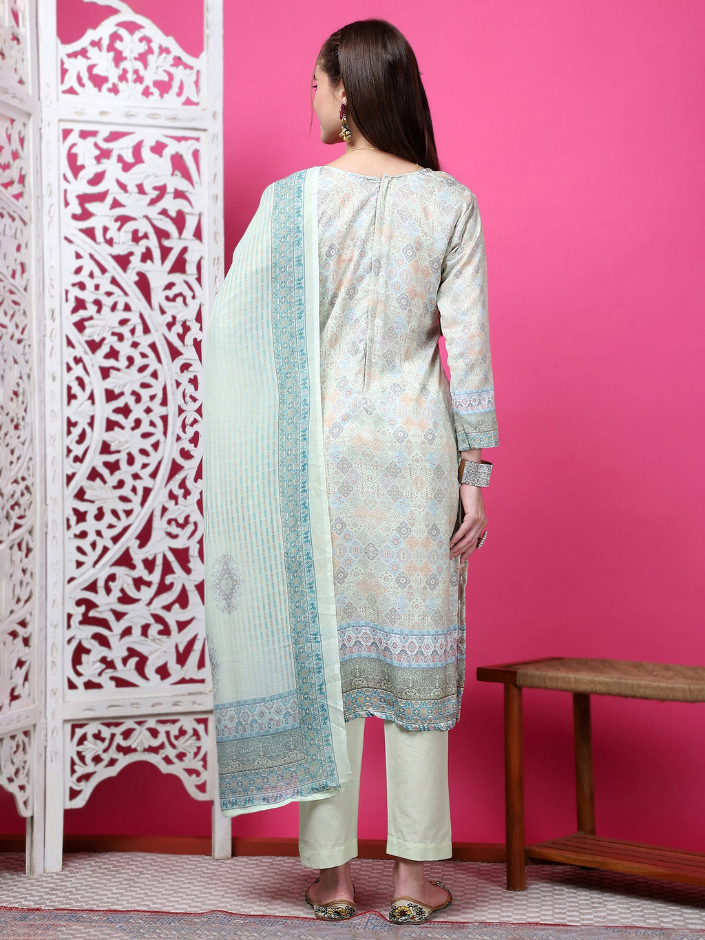 Pista Green Cotton Geometric Print Kurta Set with Jari and Crystal