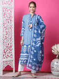 Indigo blue geometric print cotton kurta with zari and crystal details and matching dupatta