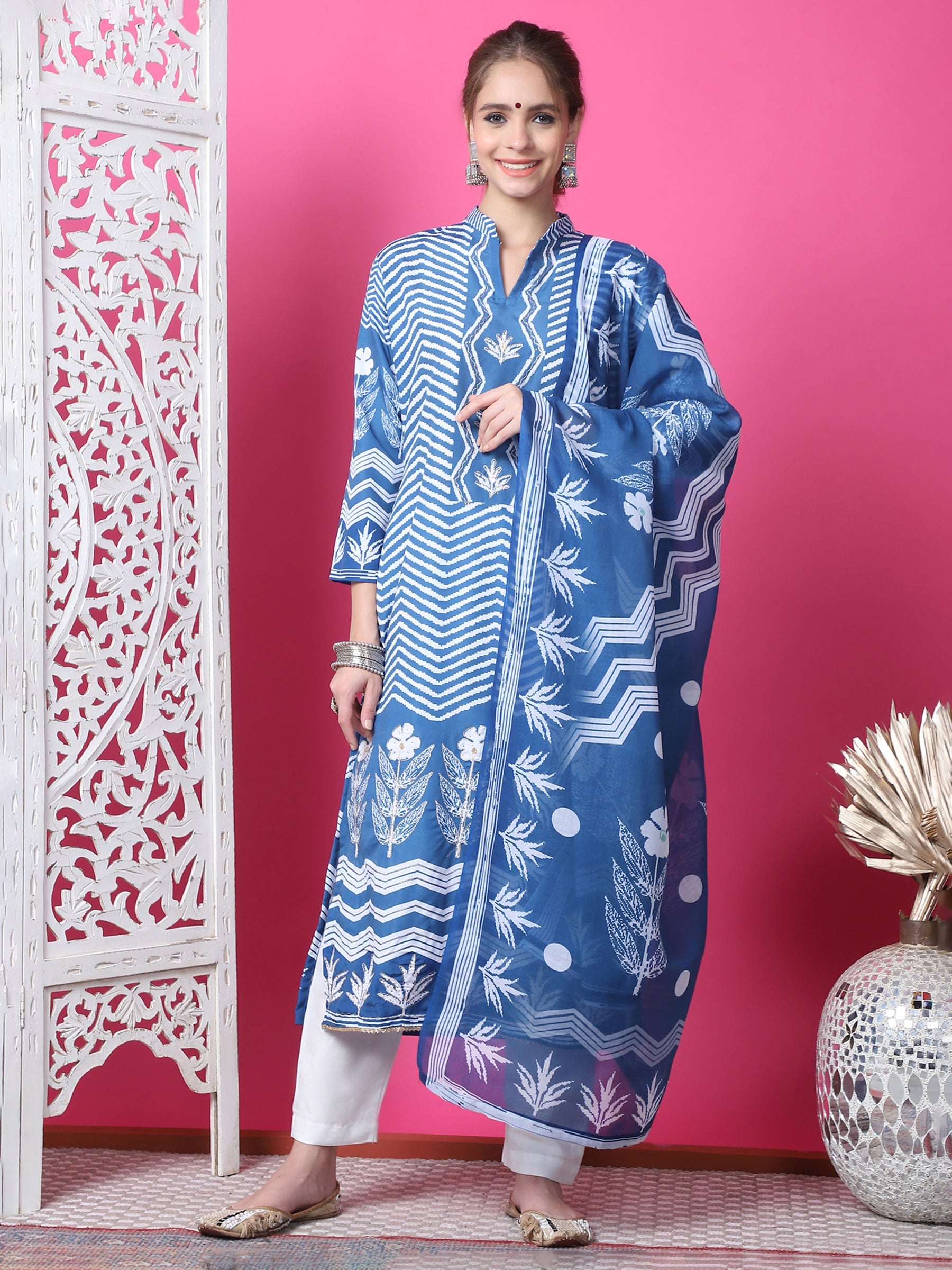 Indigo blue geometric print cotton kurta with zari and crystal details and matching dupatta