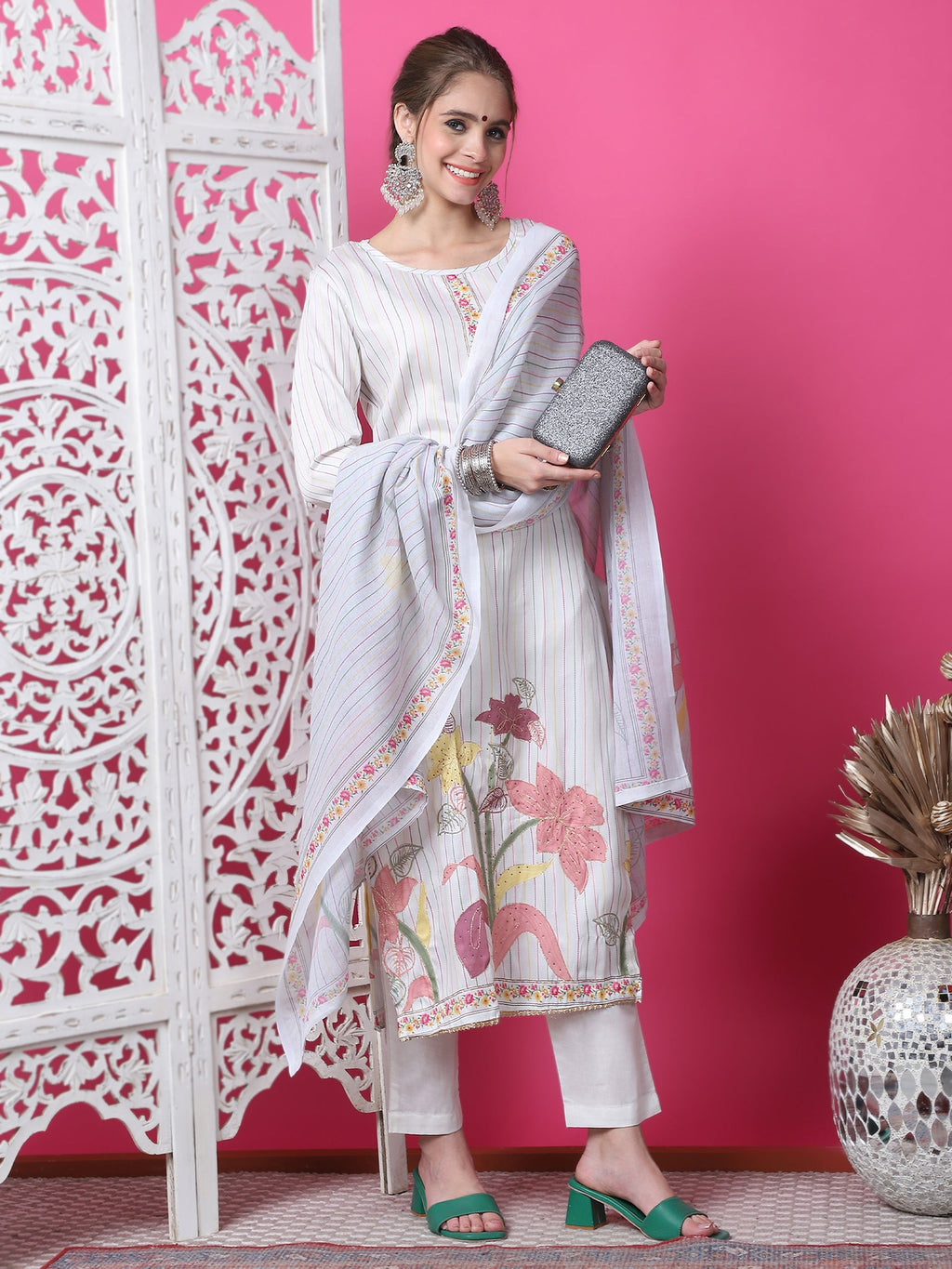 Off White Cotton Geometric Print Kurta Set with Jari and Crystal