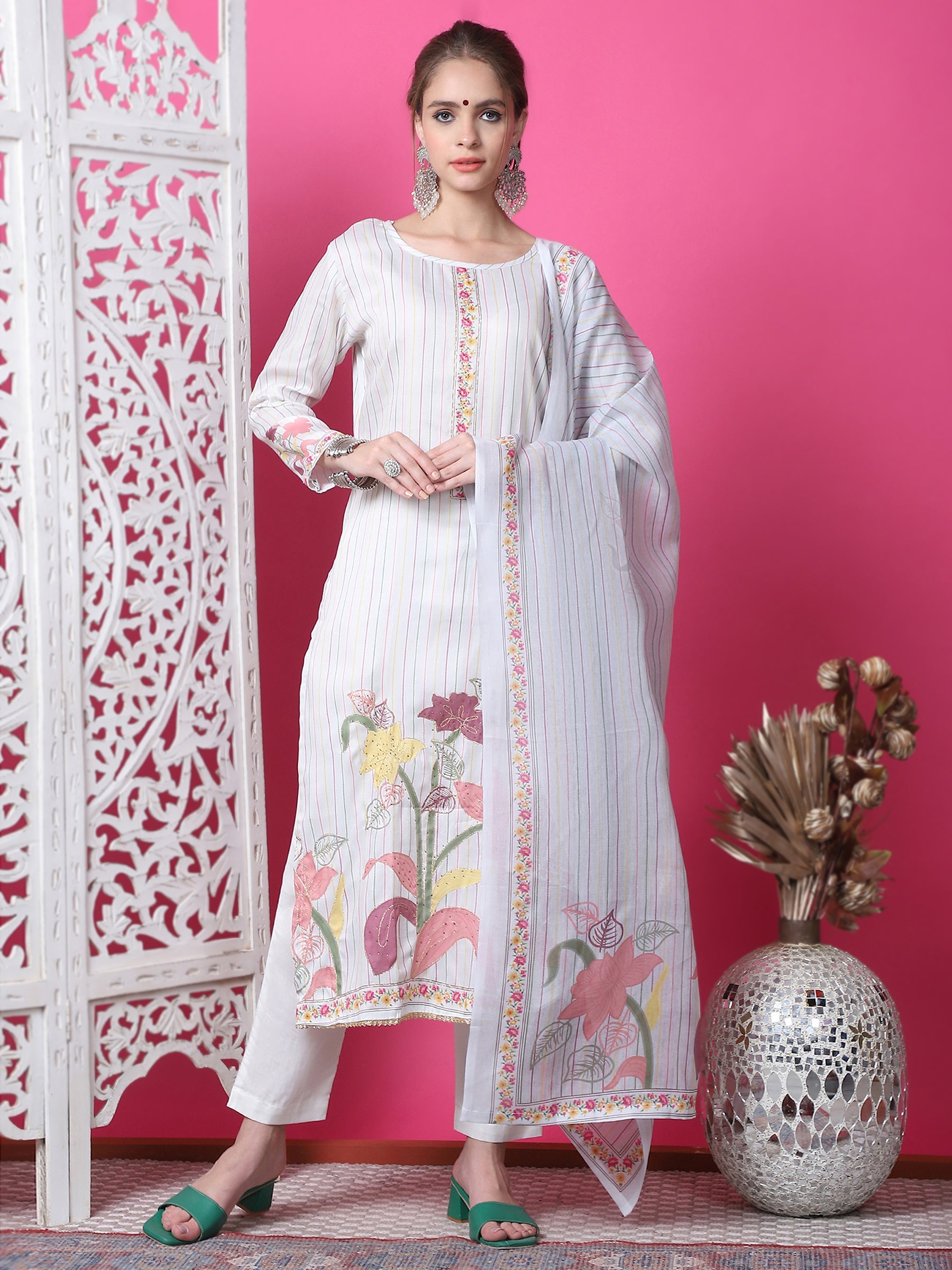 Off white straight cotton kurta with geometric print and crystal work, including trousers and dupatta