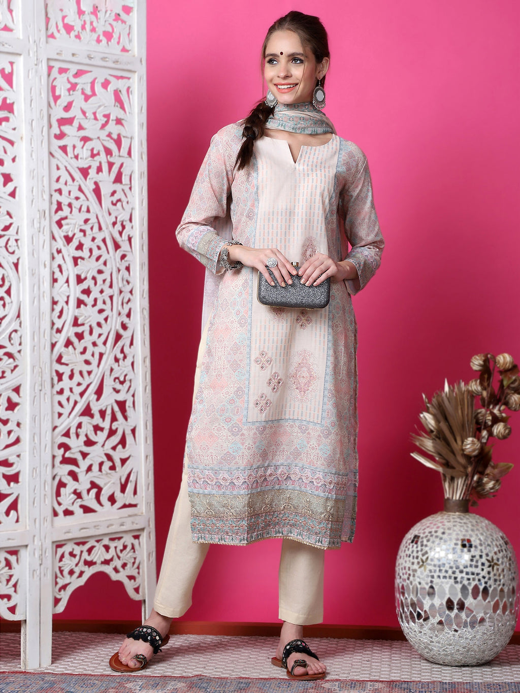 Beige Cotton Geometric Digital Print Kurta Set with Jari & Crystal