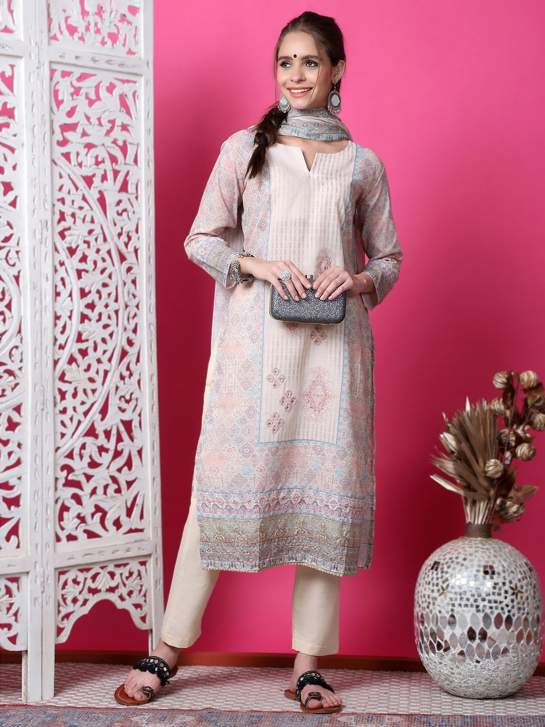 Beige Cotton Geometric Digital Print Kurta Set with Jari & Crystal