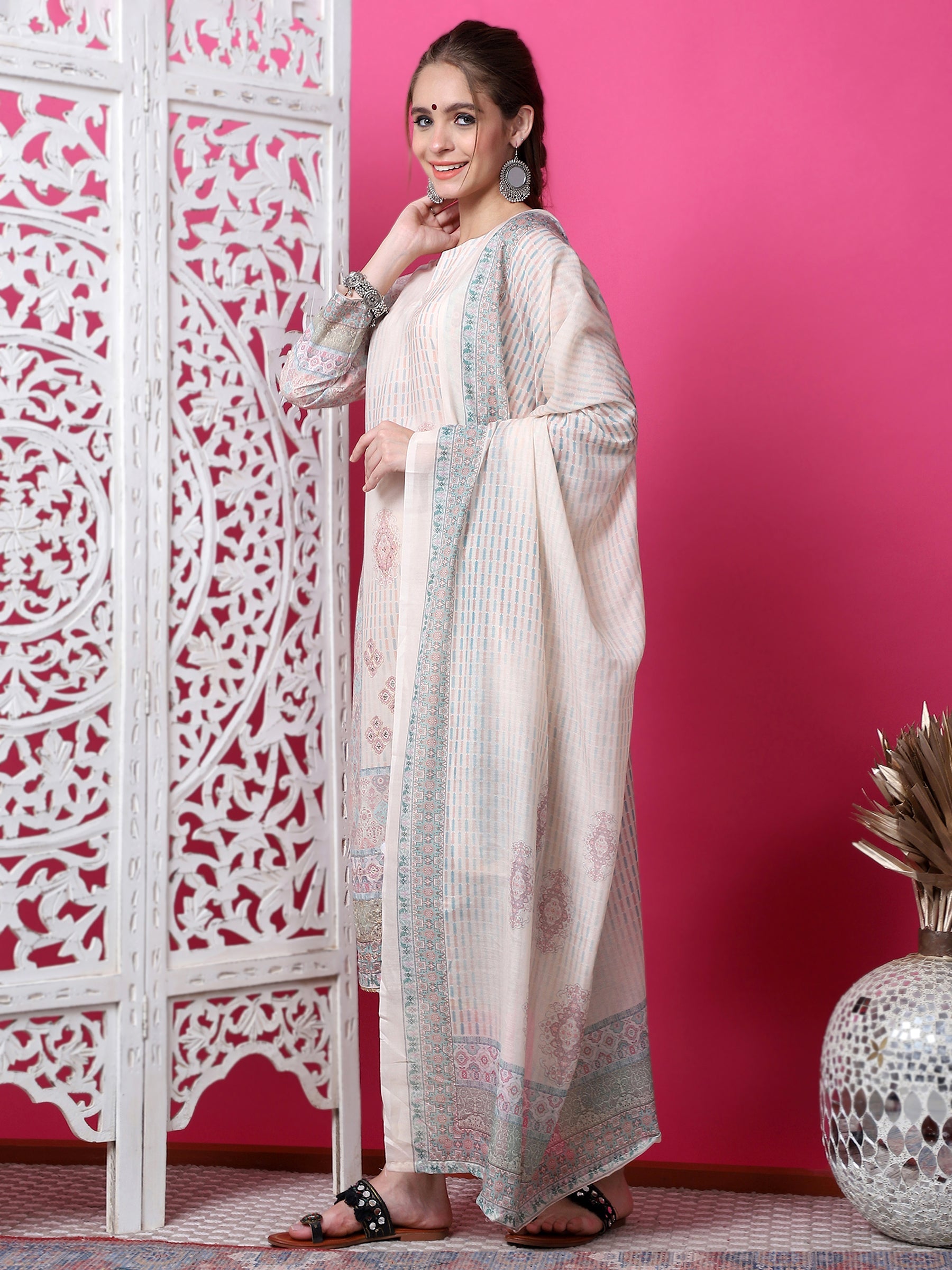 Beige Cotton Geometric Digital Print Kurta Set with Jari & Crystal