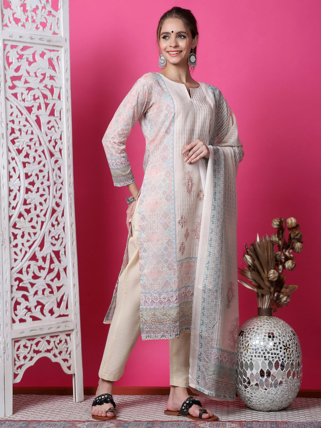 Beige Cotton Geometric Digital Print Kurta Set with Jari & Crystal