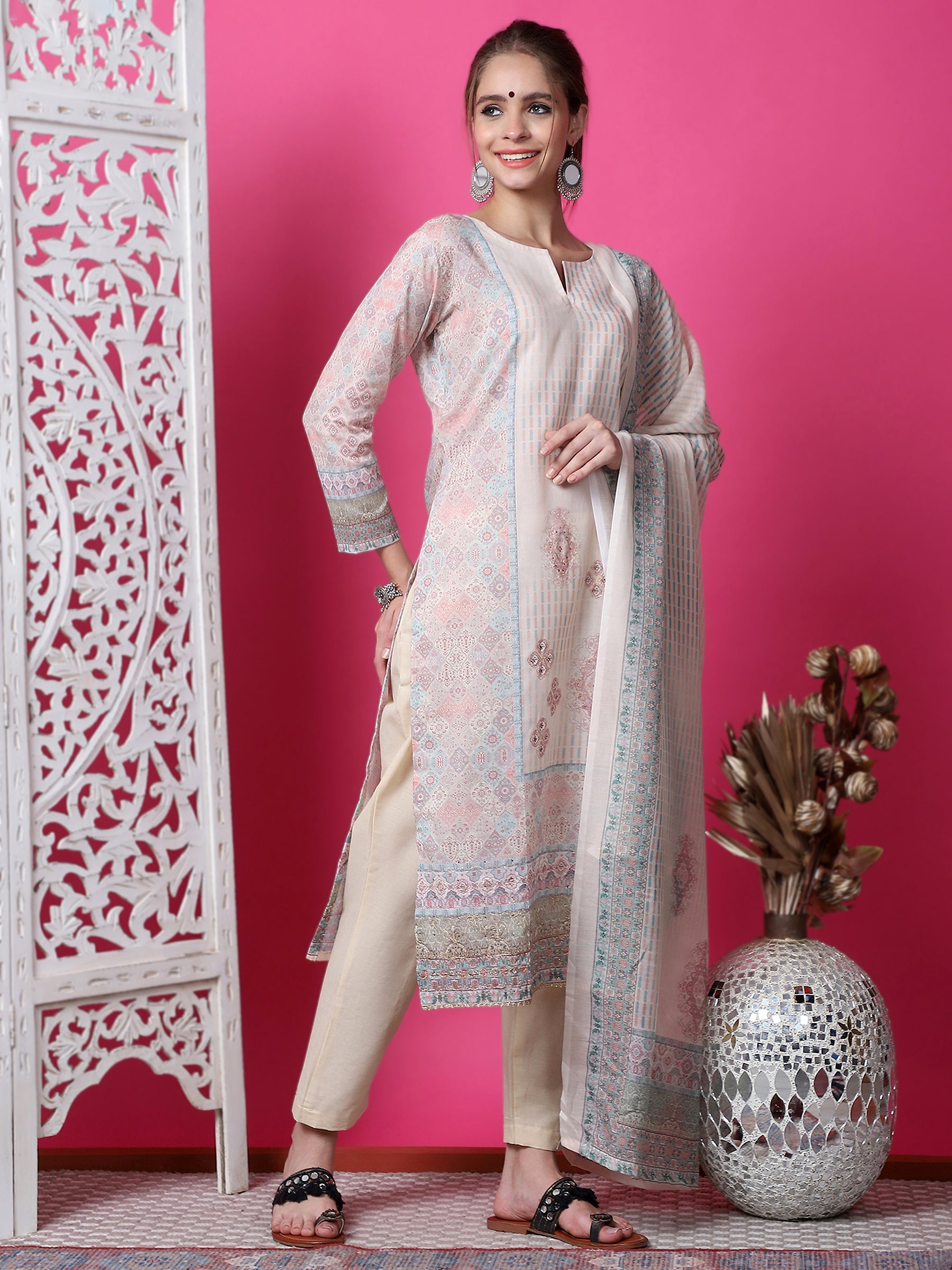 Beige Cotton Geometric Digital Print Kurta Set with Jari & Crystal