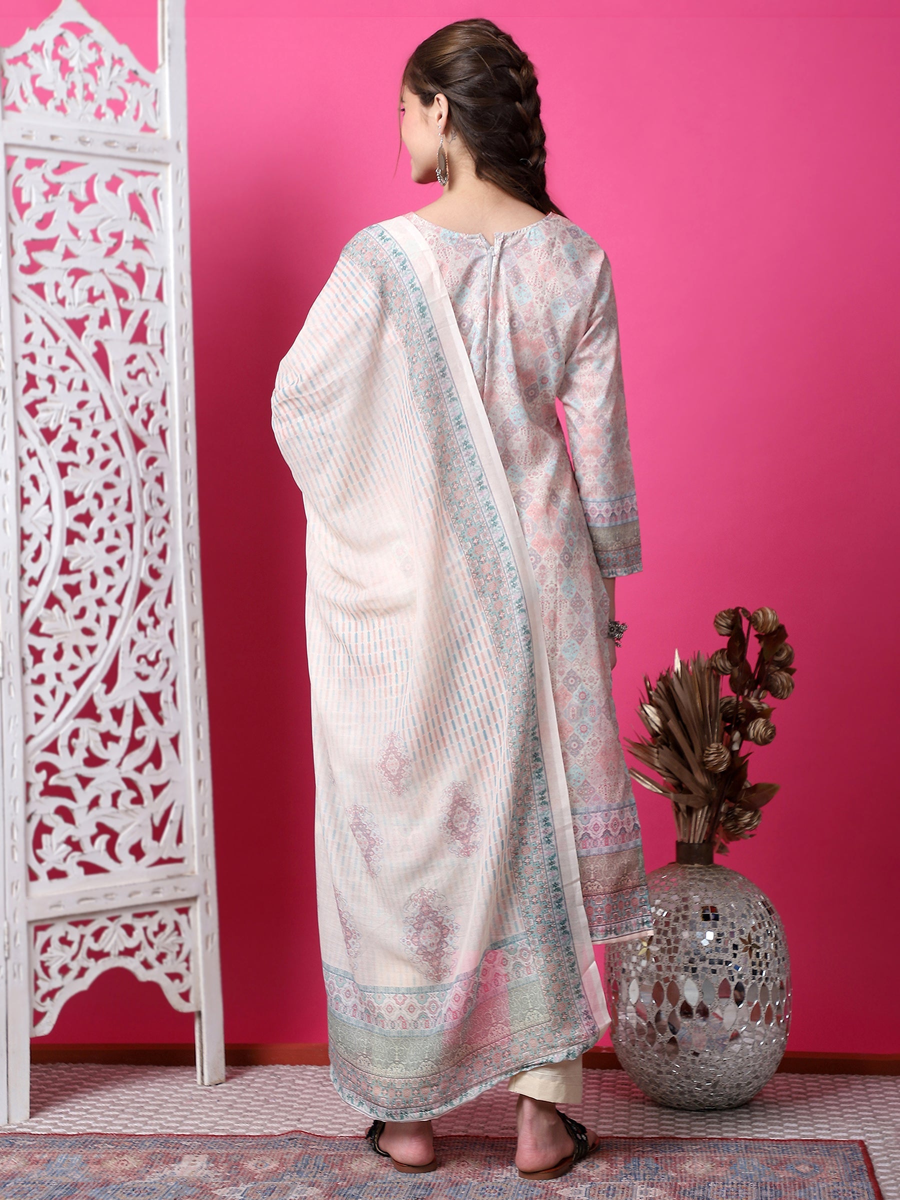 Beige Cotton Geometric Digital Print Kurta Set with Jari & Crystal