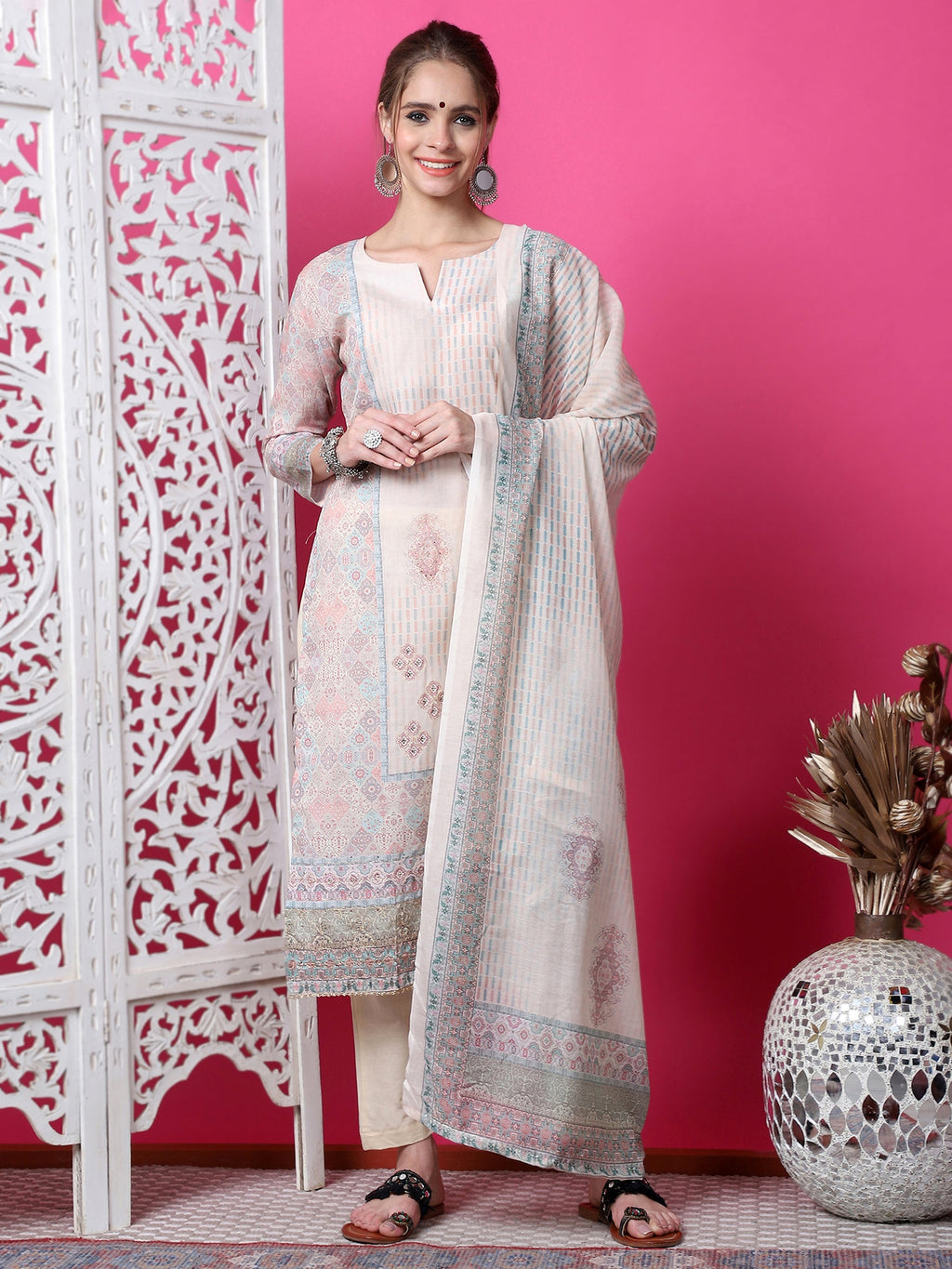 Beige straight-fit cotton kurta with geometric print and crystal embellishments