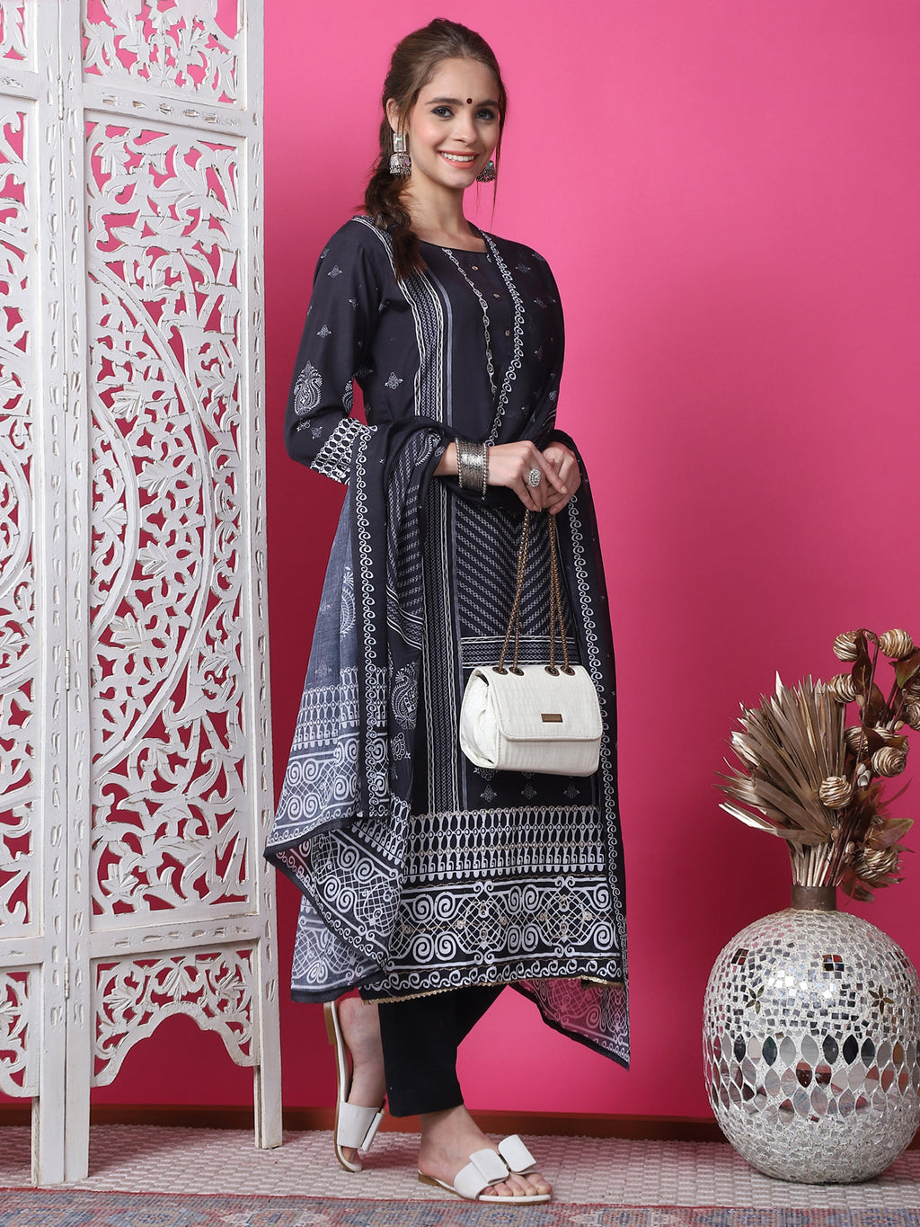 Black Cotton Geometric Print Straight Kurta Set with Dupatta