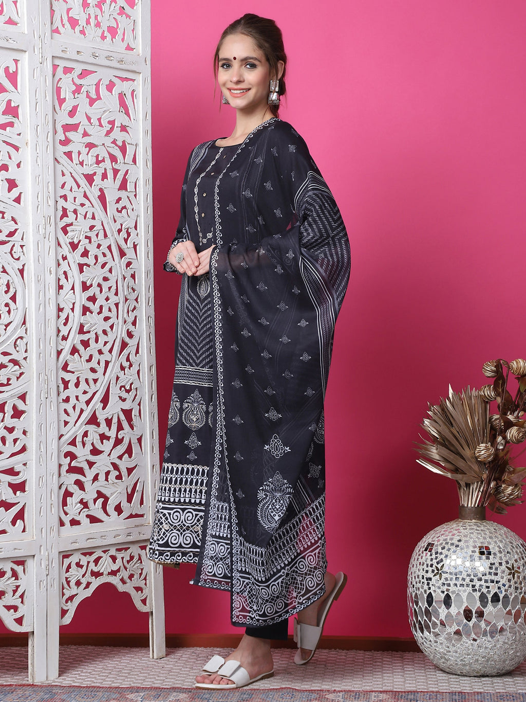 Black Cotton Geometric Print Straight Kurta Set with Dupatta